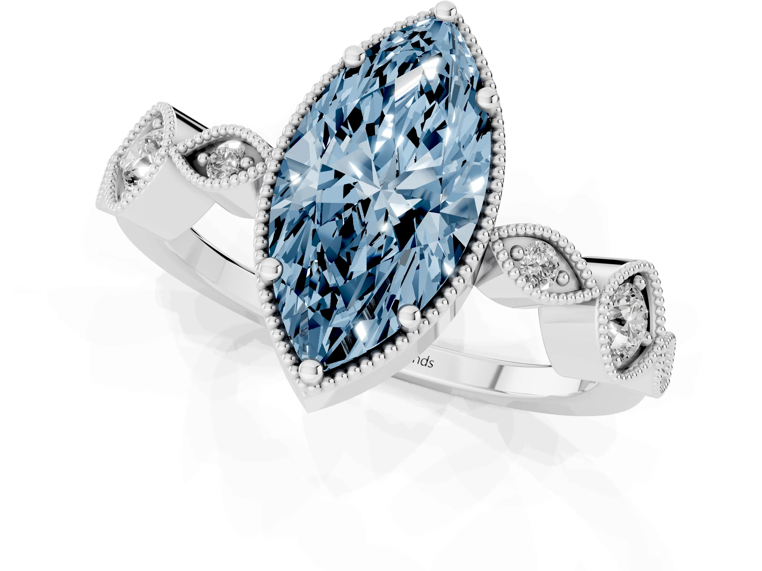 Fancy Blue Marquise Cut Diamond Vintage-Inspired Milgrain Ring Set in White gold with Marquise Stations of Round Accents