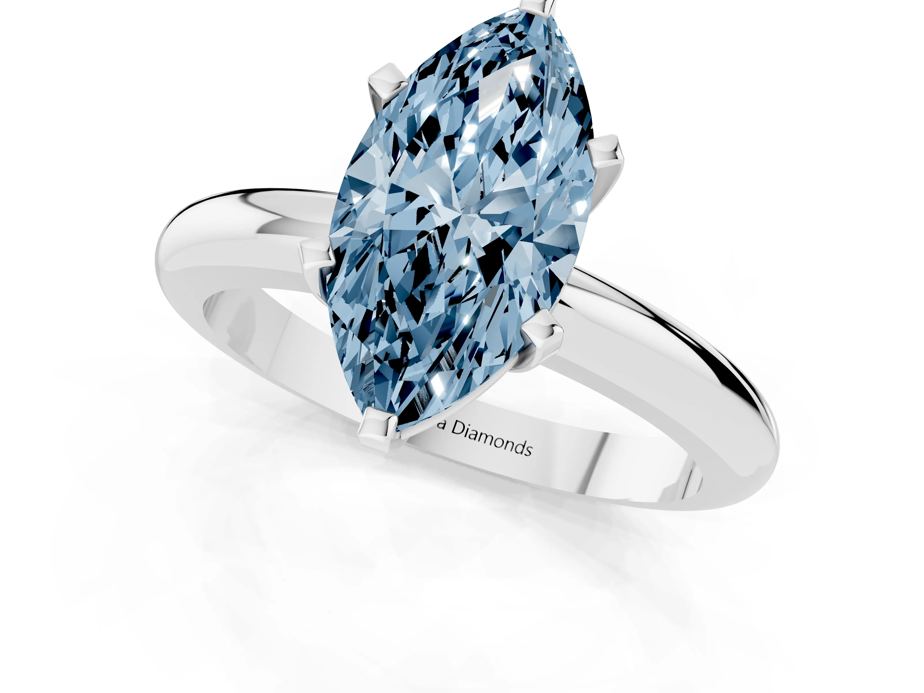 Fancy Blue Marquise Cut Diamond Solitaire Engagement Ring Set in White gold with Round Band and Prong Setting
