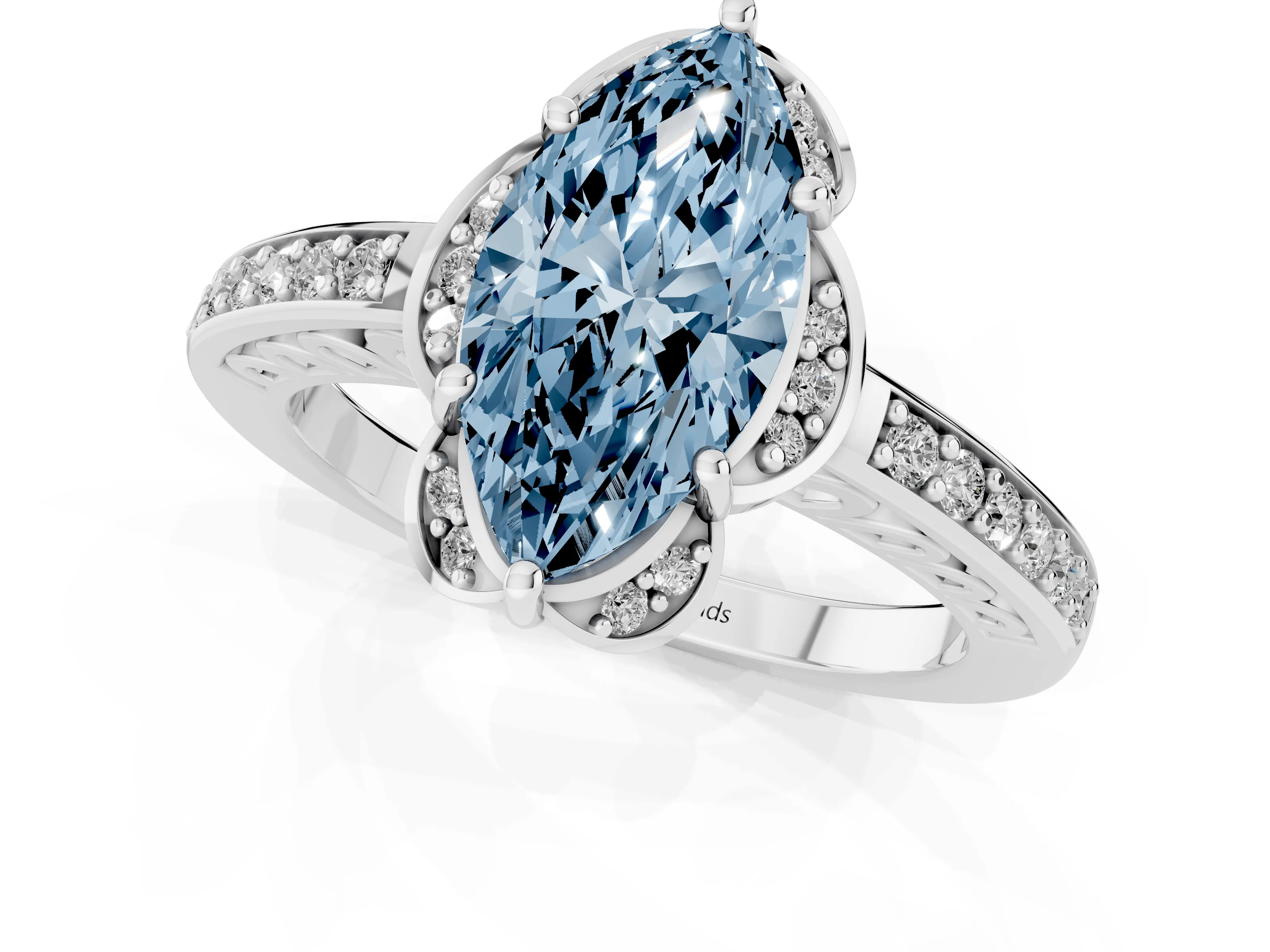 Fancy Blue Marquise Cut Diamond Halo Ring Set in White gold with Channel Set Band and Prong Setting