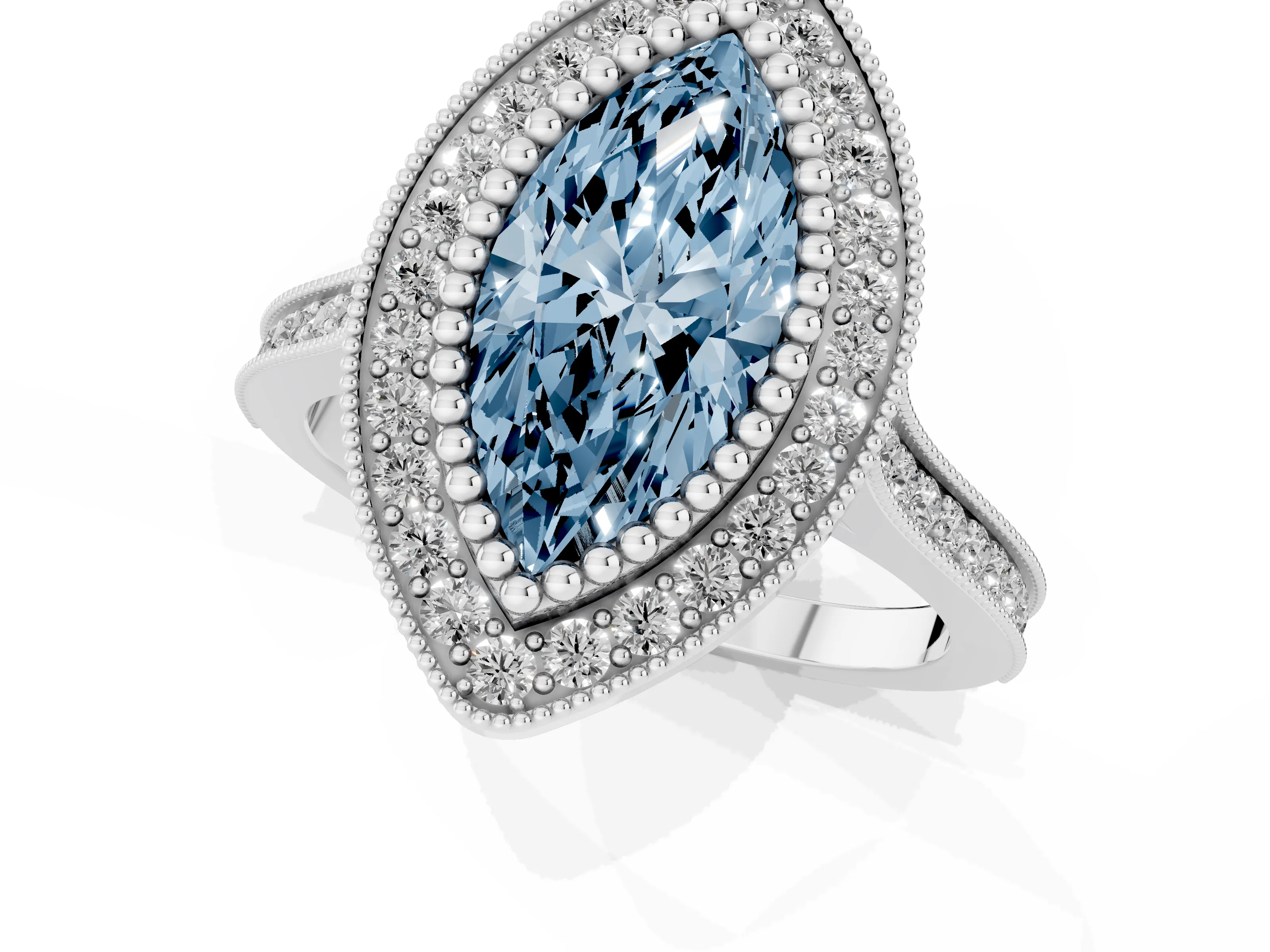 Fancy Blue Marquise Cut Diamond Halo Ring Set in Silver with Milgrain Frame and Pavé Band