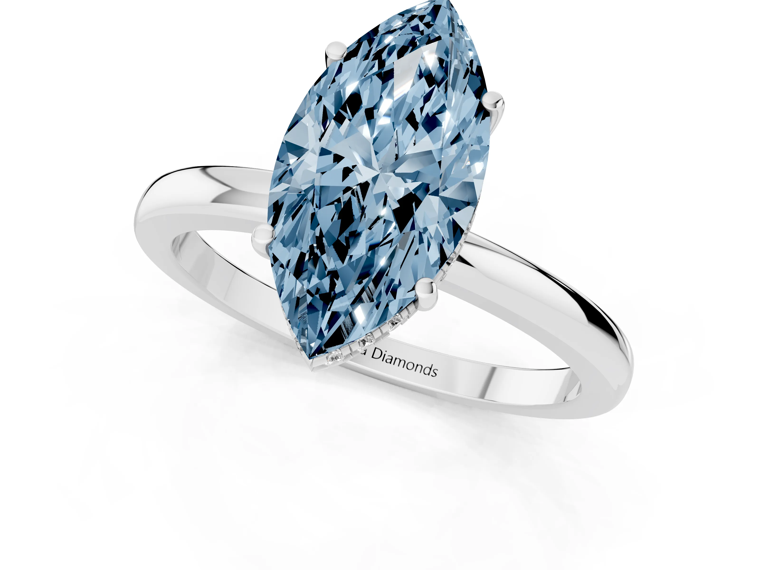 Fancy Blue Marquise Cut Diamond Solitaire Ring Set in Silver with Plain Band and Prong Setting