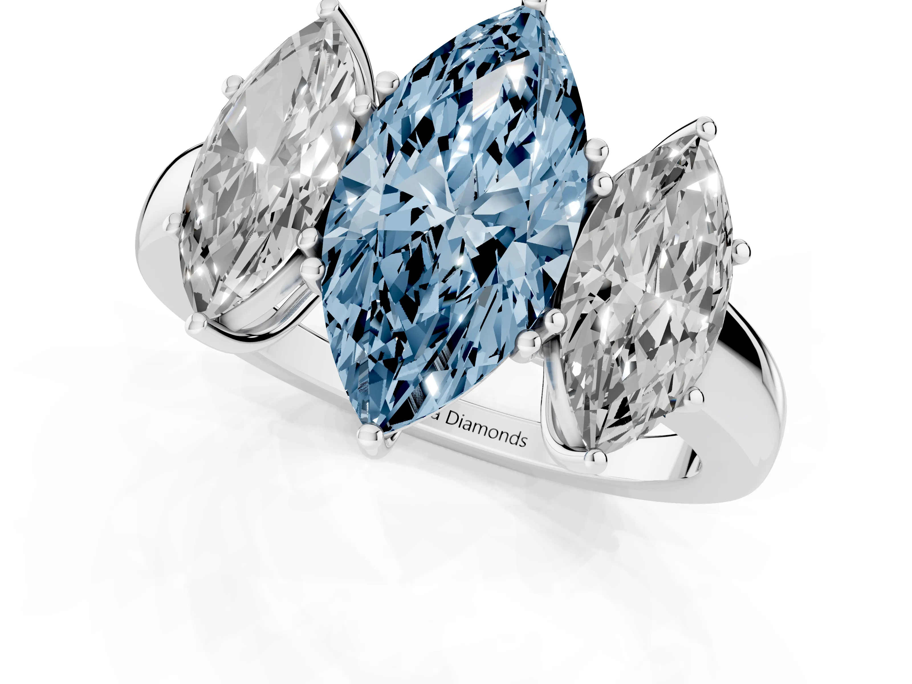 Fancy Blue Marquise Cut Diamond Three-Stone Ring Set in Silver with Bold Center and Classic Band – second view