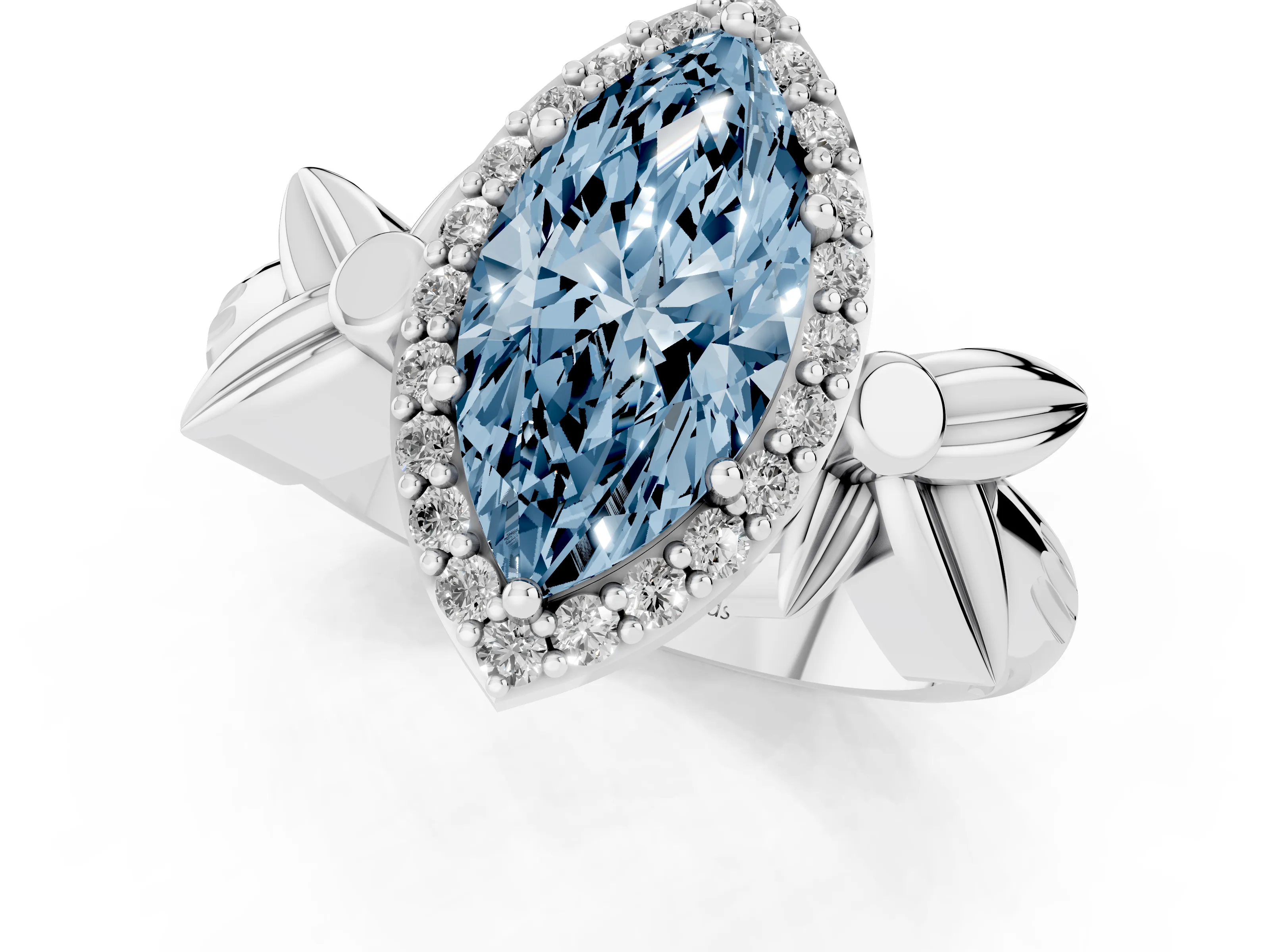 Fancy Blue Marquise Cut Diamond Halo Floral Band Ring Set in Silver with Prong Setting