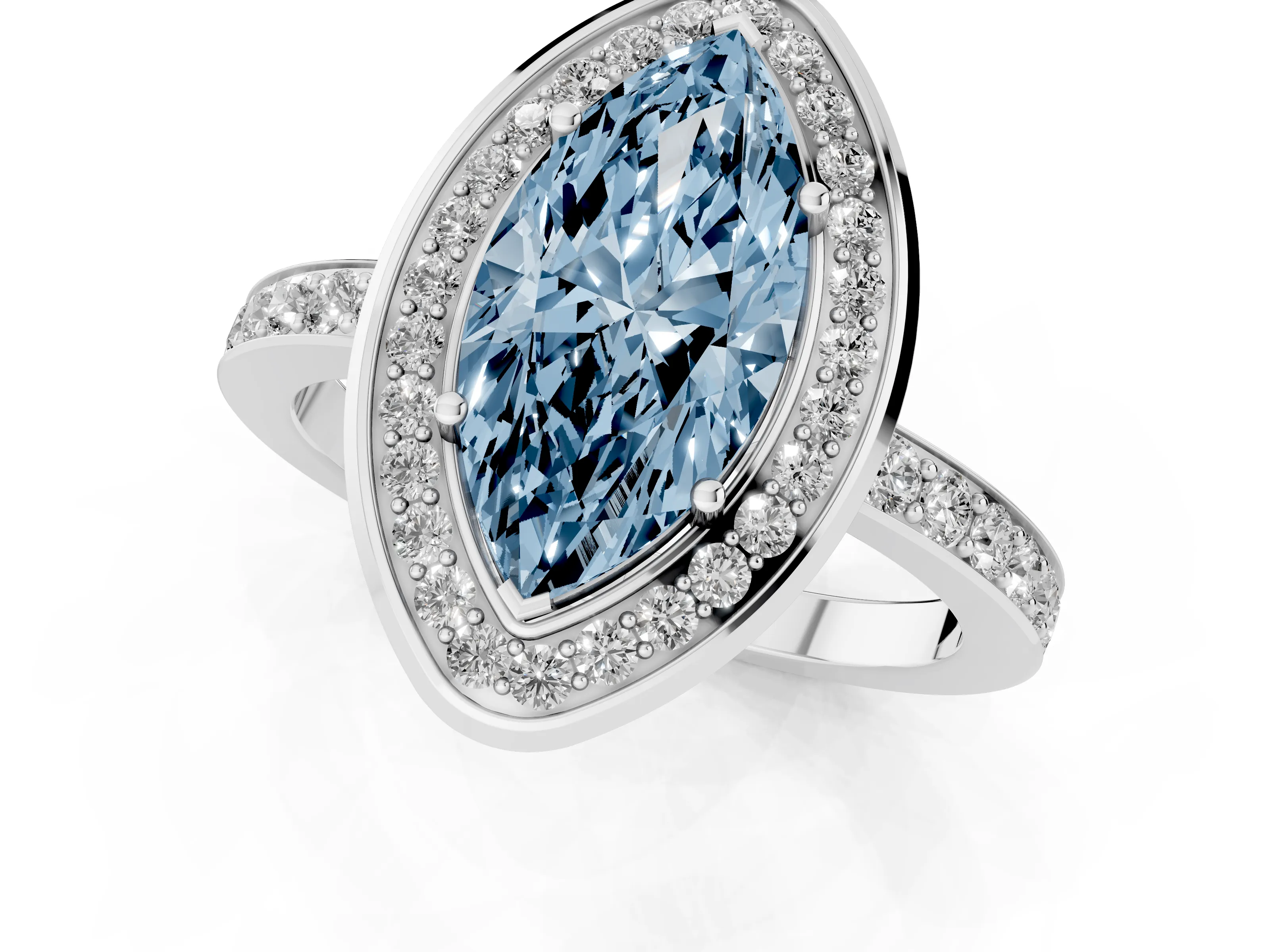 Fancy Blue Marquise Cut Diamond Halo Ring Set in White gold with Bezel Frame and Pavé Band