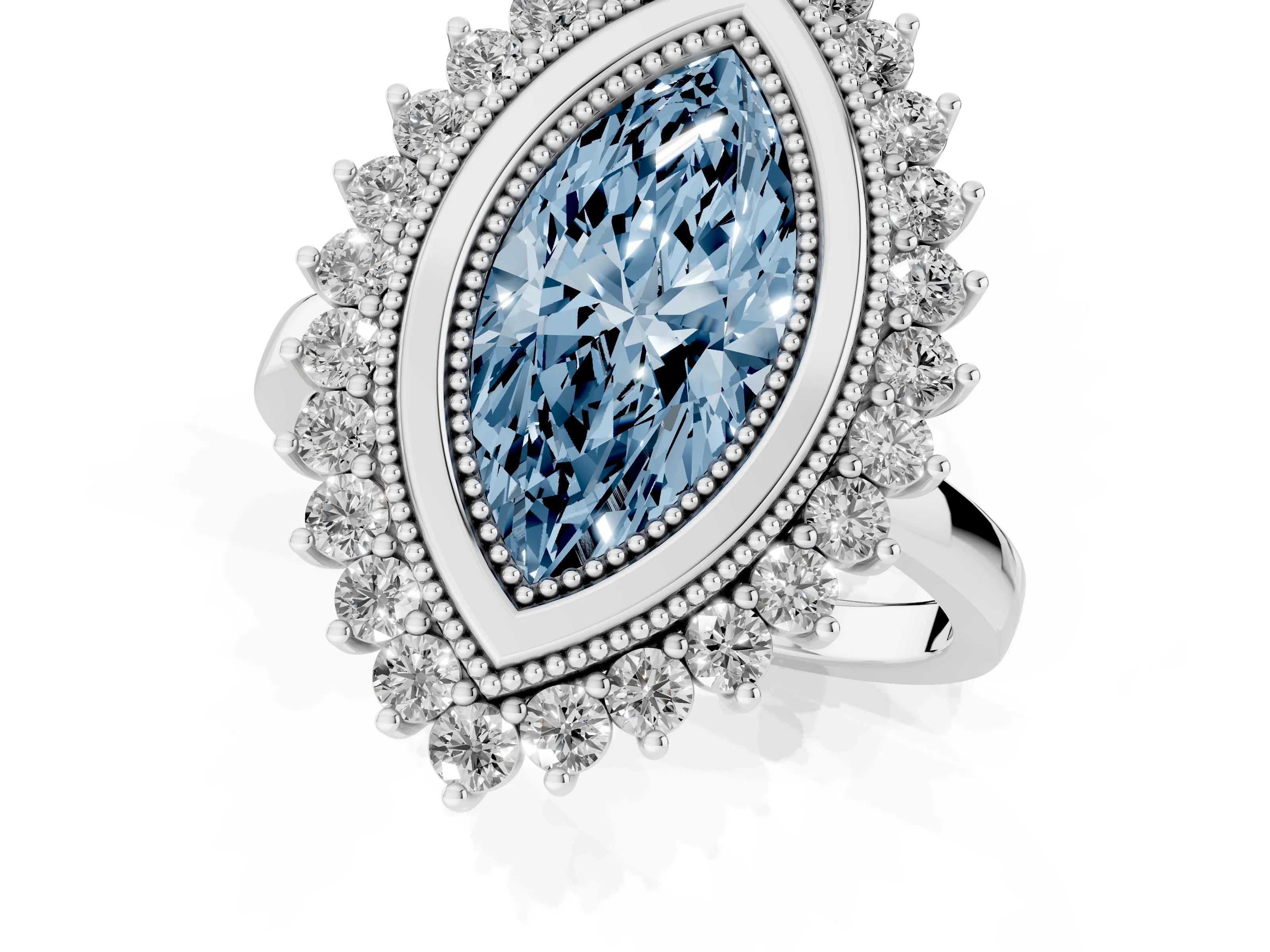 Fancy Blue Marquise Cut Diamond Halo Ring Set in Platinum with Milgrain Edge and Round Prong Setting