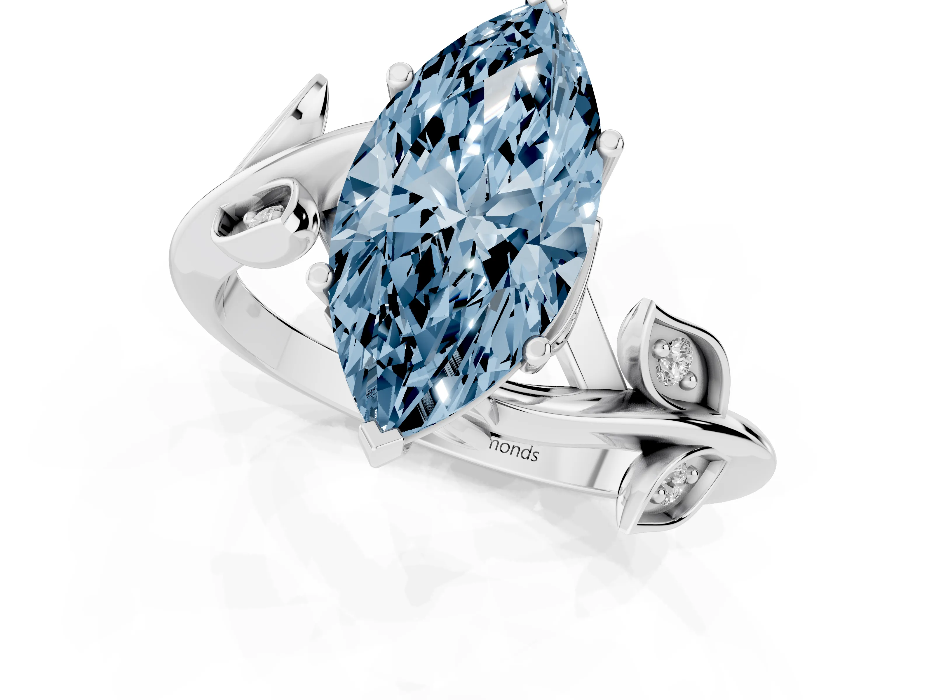 Fancy Blue Marquise Cut Diamond Solitaire Twist Engagement Ring Set in Silver with Pavé Leaf Accents – second view