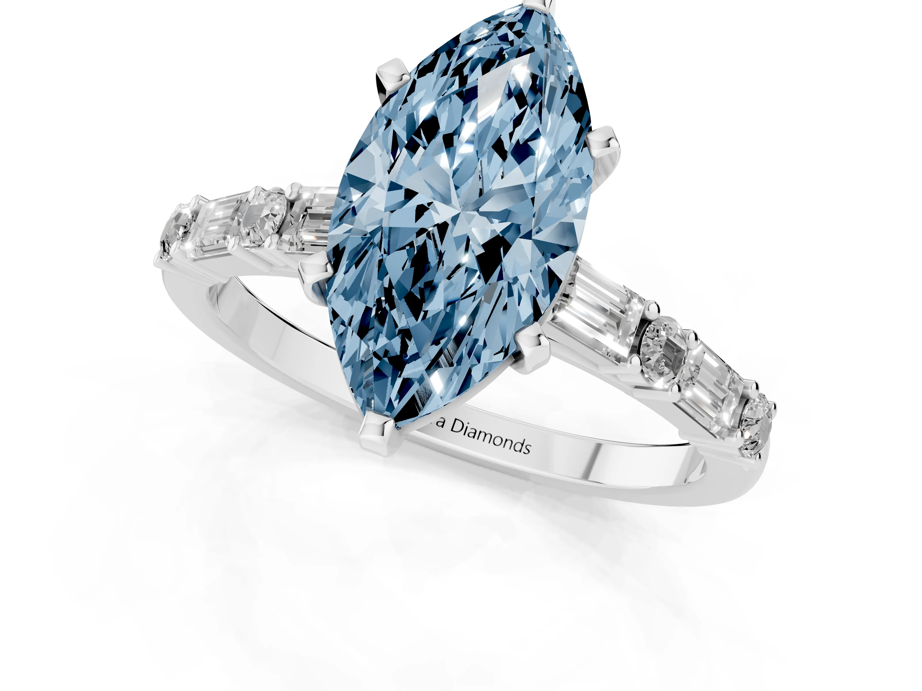 Fancy Blue Marquise Cut Diamond Solitaire Set in Silver with Side Baguettes and Channel Set Band