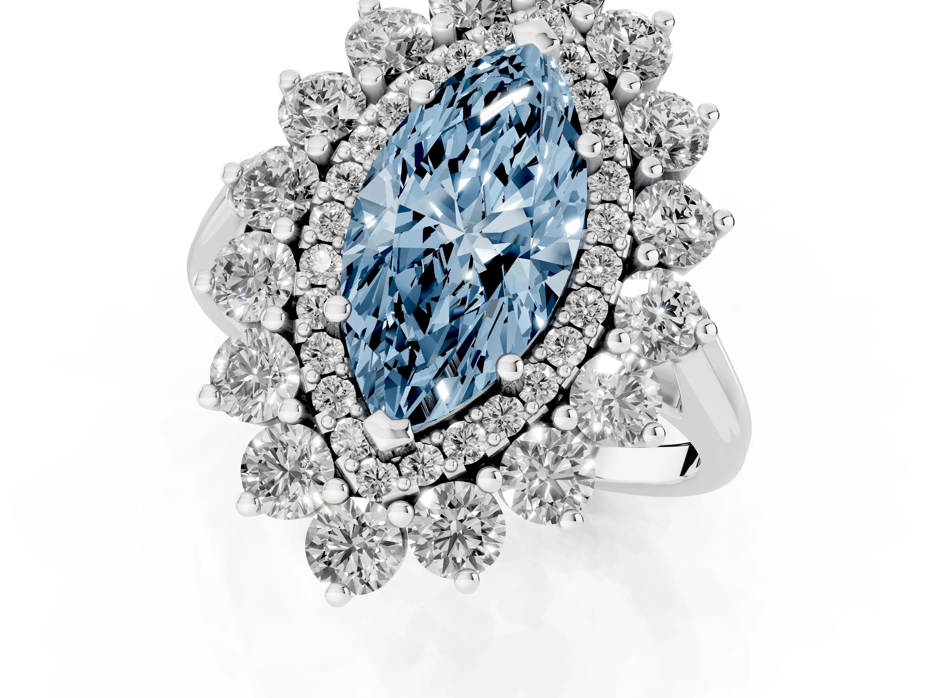 Fancy Blue Marquise Cut Diamond Floral Double Halo Ring Set in Platinum with Round Petals