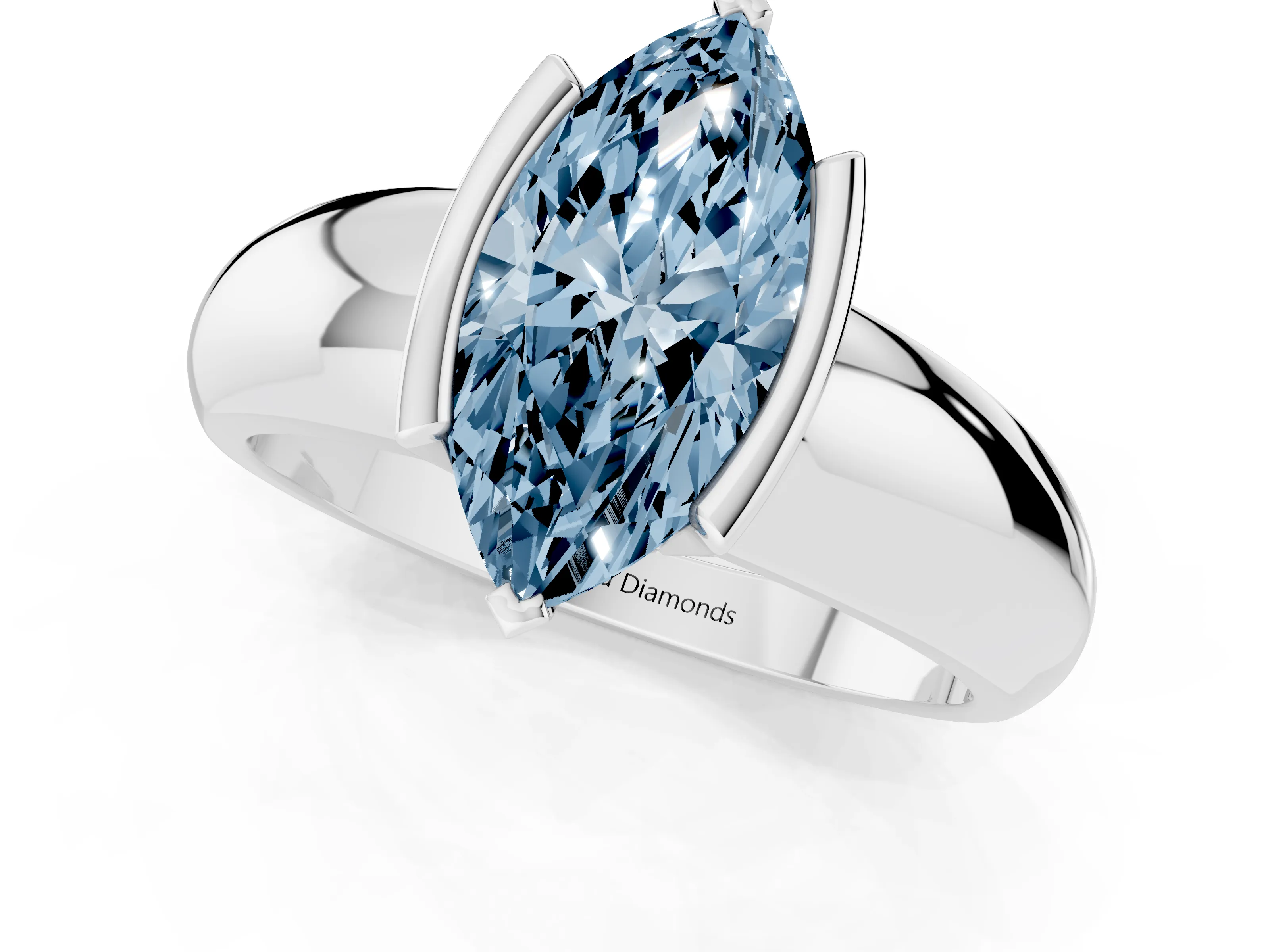 Fancy Blue Marquise Cut Diamond Solitaire Tension Set Ring Set in Platinum with Wide Band
