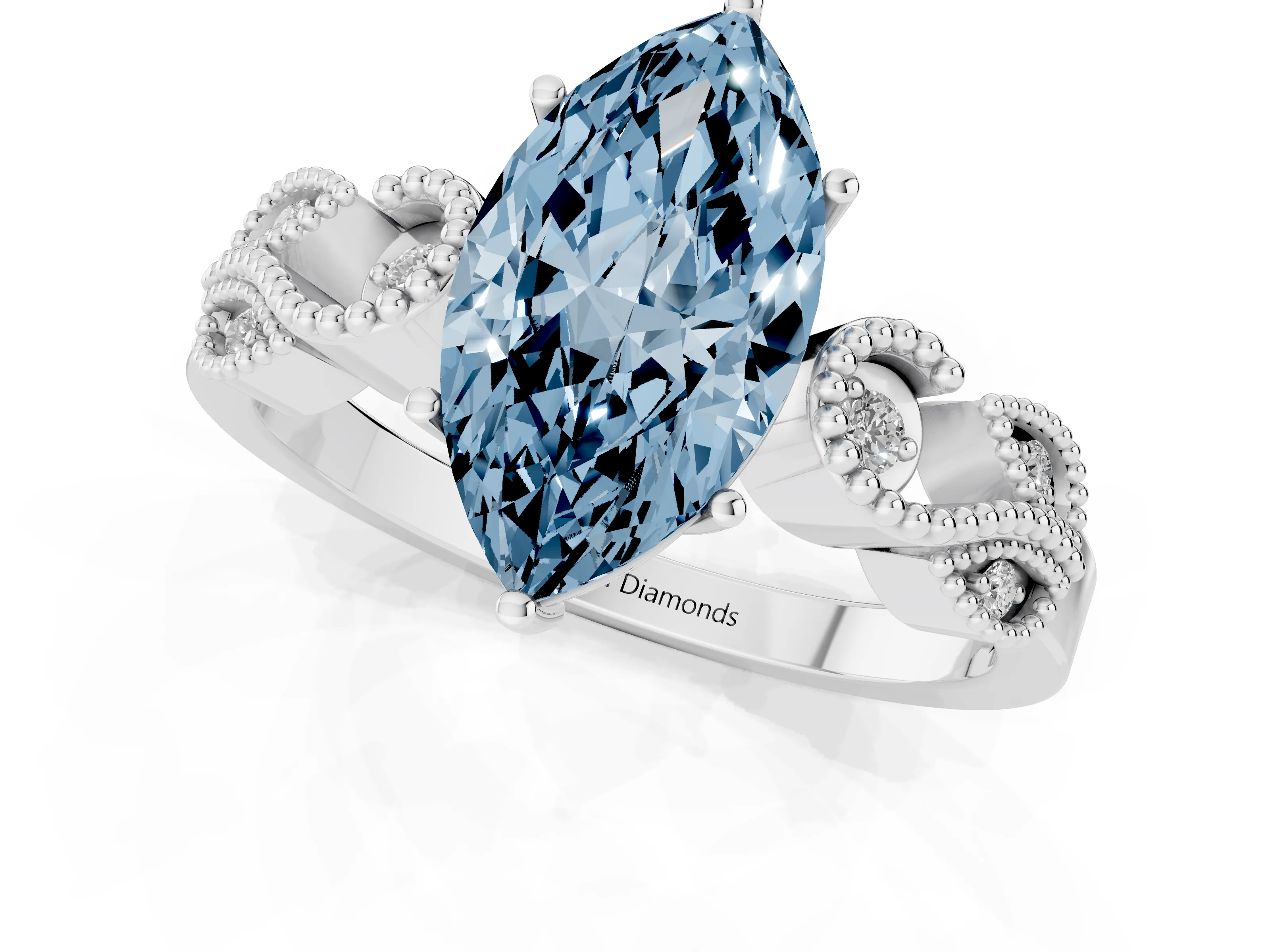Fancy Blue Marquise Cut Diamond Milgrain Leaf Band Solitaire Ring Set in Platinum with Accent Stones and Prong Setting