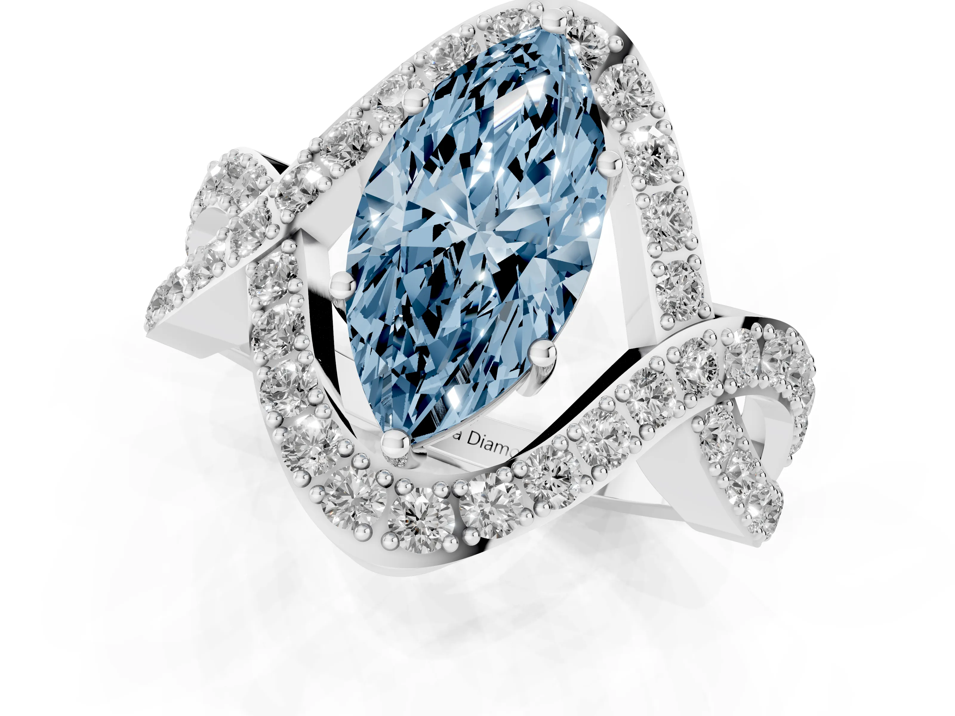 Fancy Blue Marquise Cut Diamond Solitaire Twist Band Pavé Engagement Ring Set in Silver