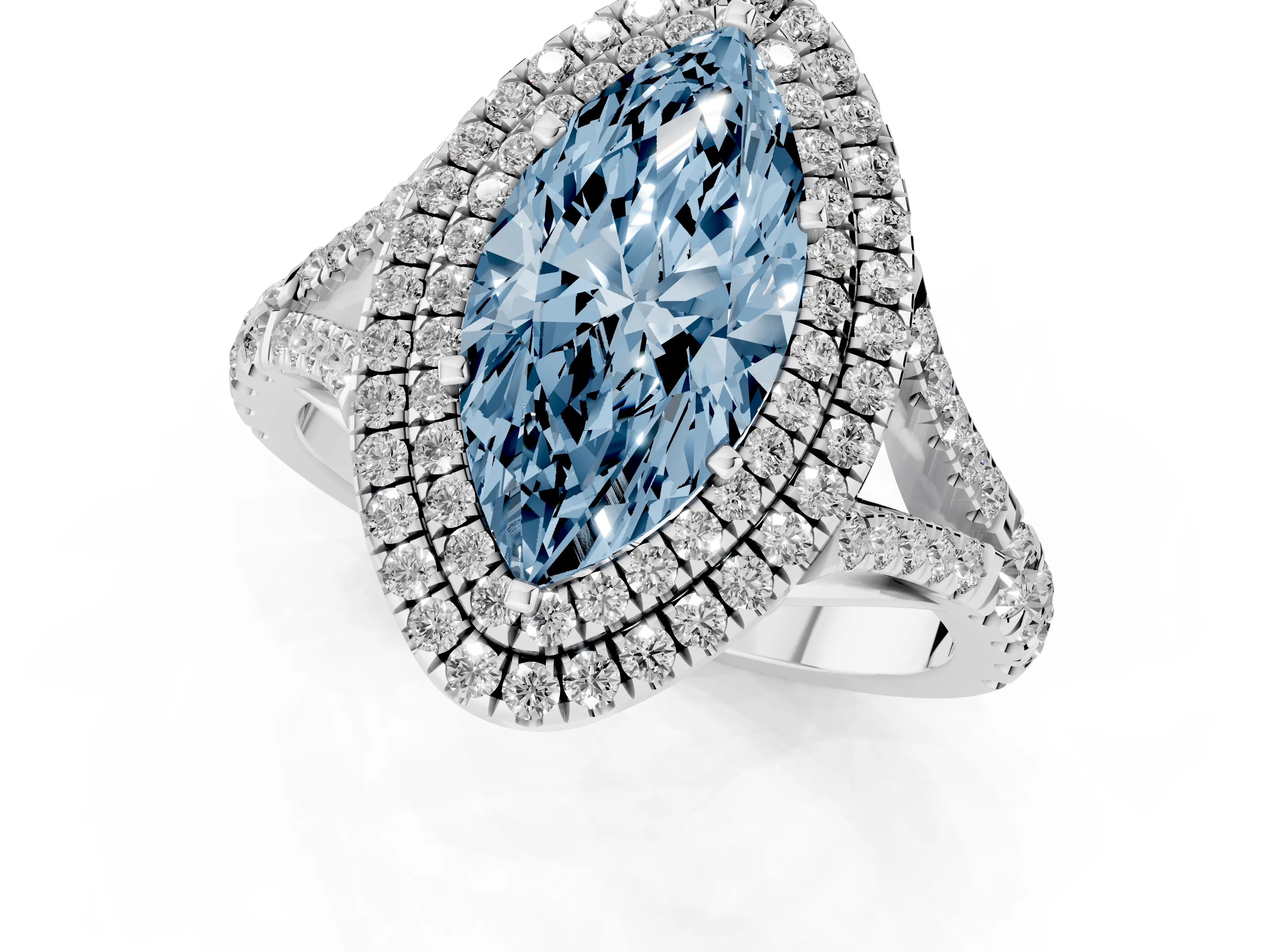 Fancy Blue Marquise Cut Diamond Pavé Split Shank Double Halo Engagement Ring Set in Platinum
