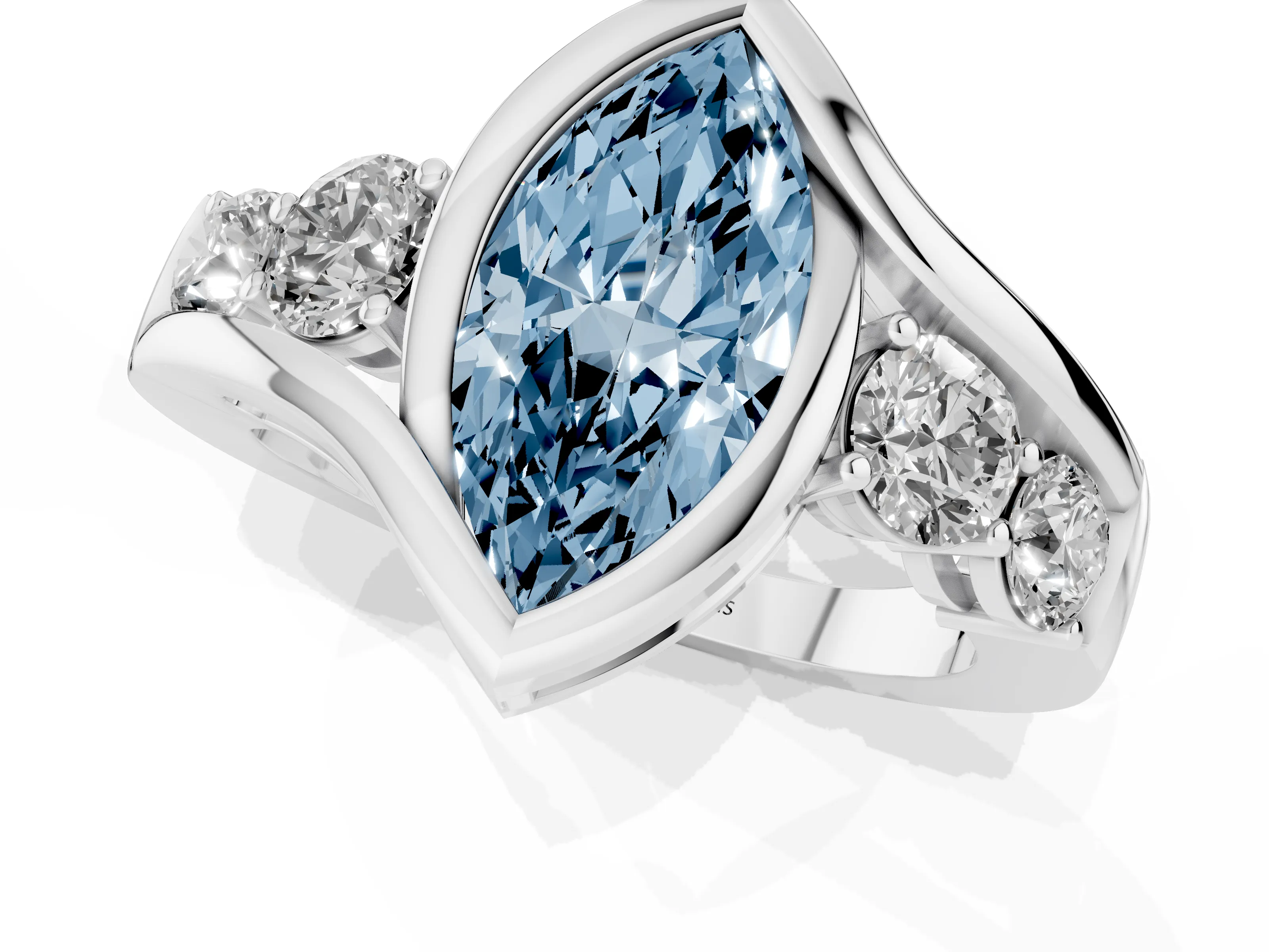 Fancy Blue Marquise Cut Diamond Bezel Bypass Ring Set in Platinum with Round Accents