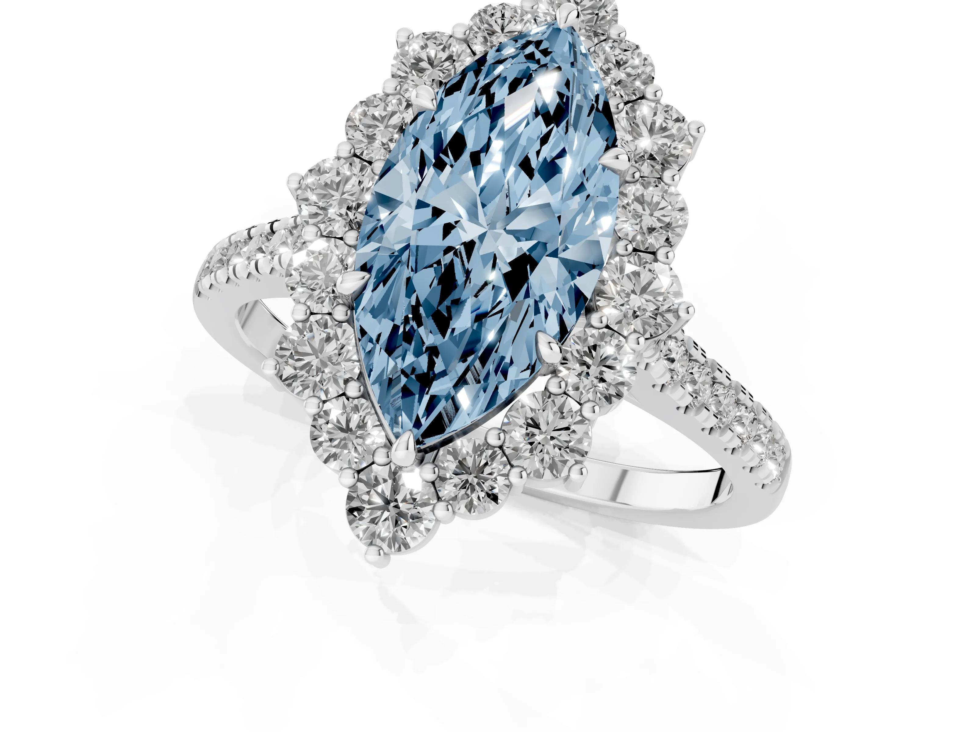 Fancy Blue Marquise Cut Diamond Halo Ring Set in White gold with Pavé Band and Prong Setting