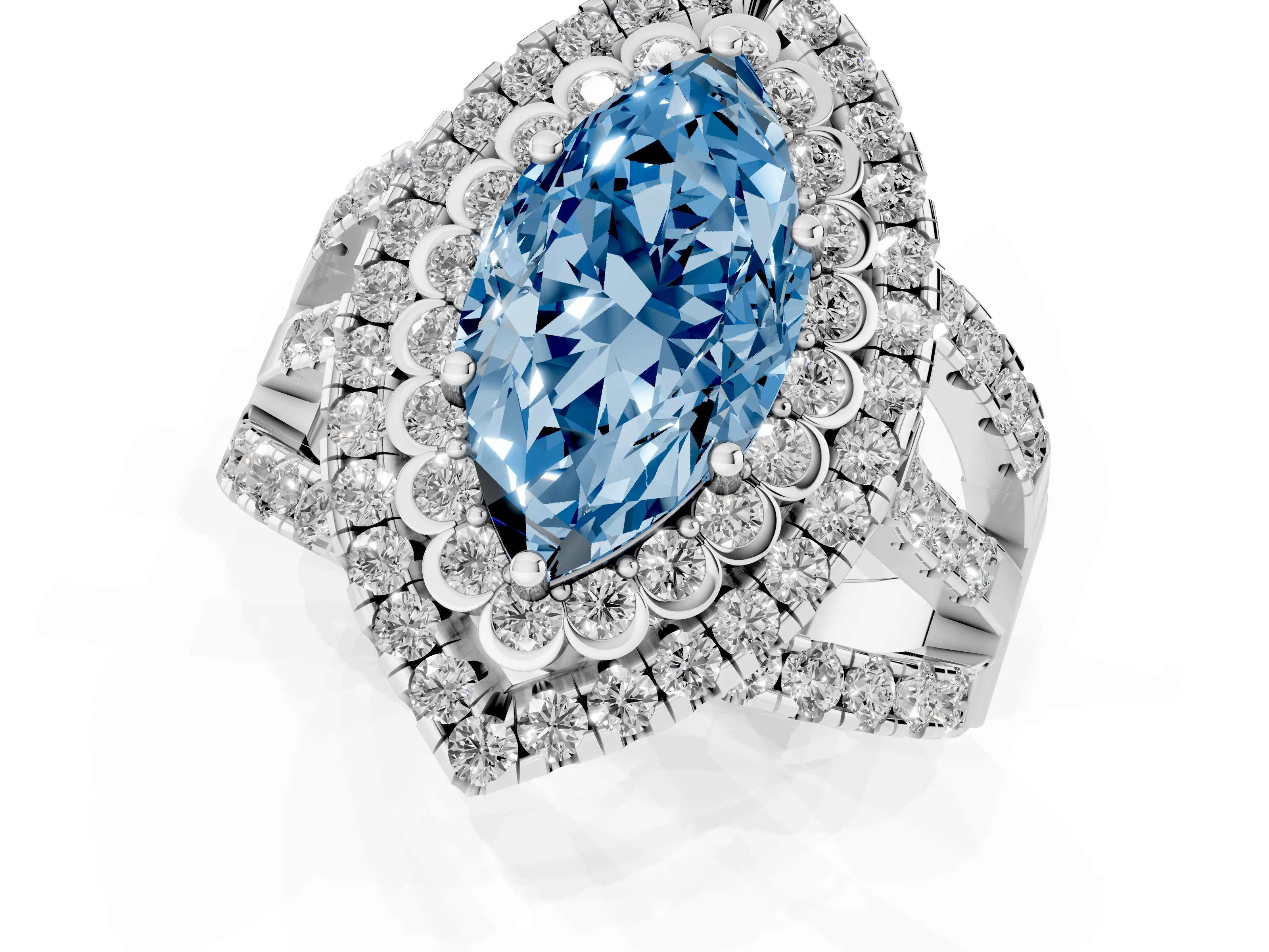 Fancy Blue Marquise Cut Diamond Double Halo Ring Set in White gold with Round Pavé Split Shank