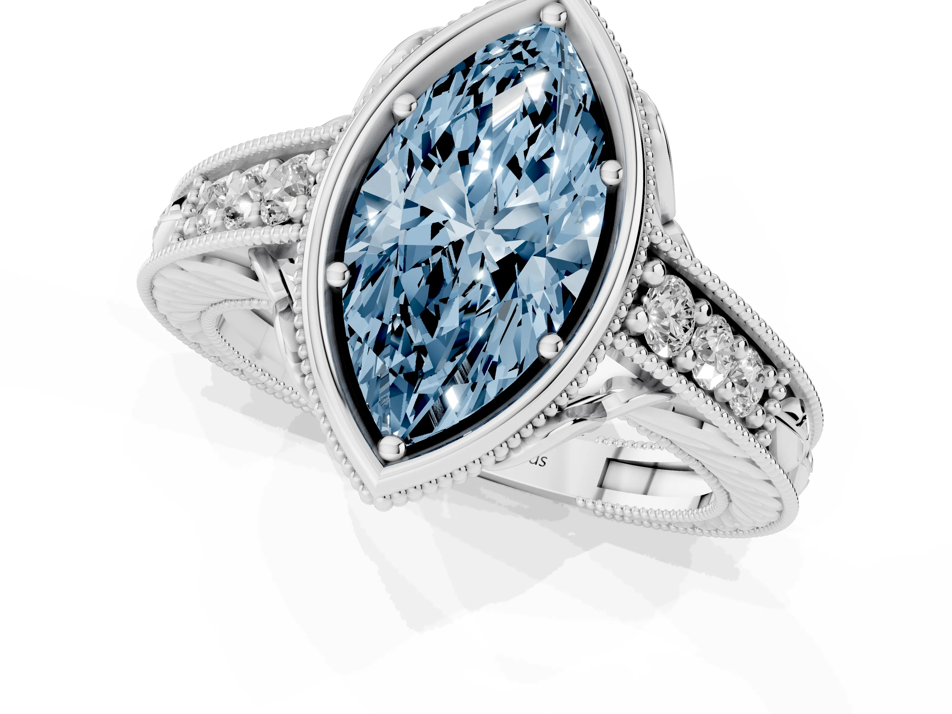 Fancy Blue Bezel Set Marquise Cut Diamond Milgrain Pavé Engagement Ring Set in Silver