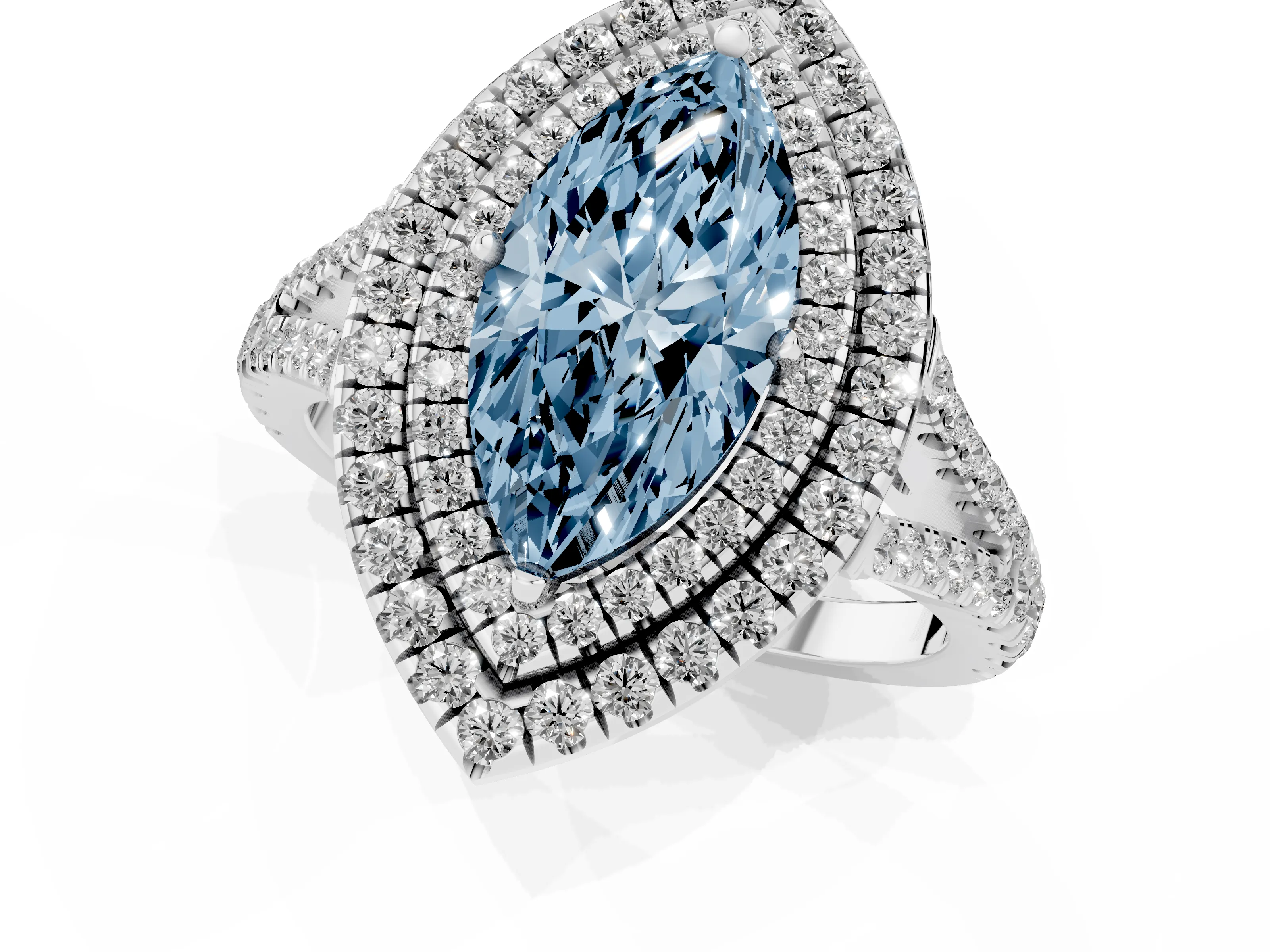 Fancy Blue Marquise Cut Diamond Double Halo Ring Set in Silver with Pavé Band