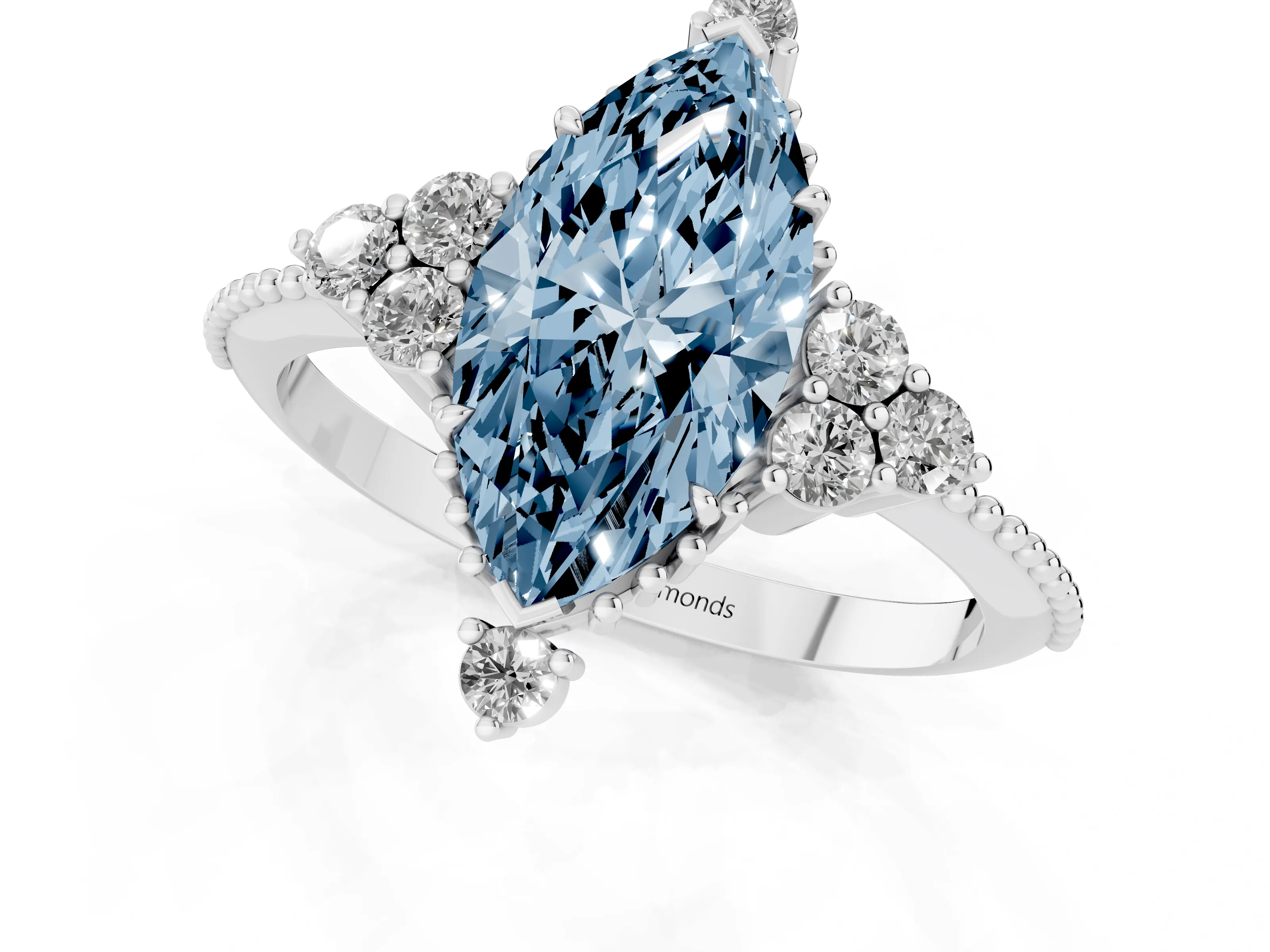 Fancy Blue Marquise Cut Diamond Cluster Ring Set in Silver with Beaded Band