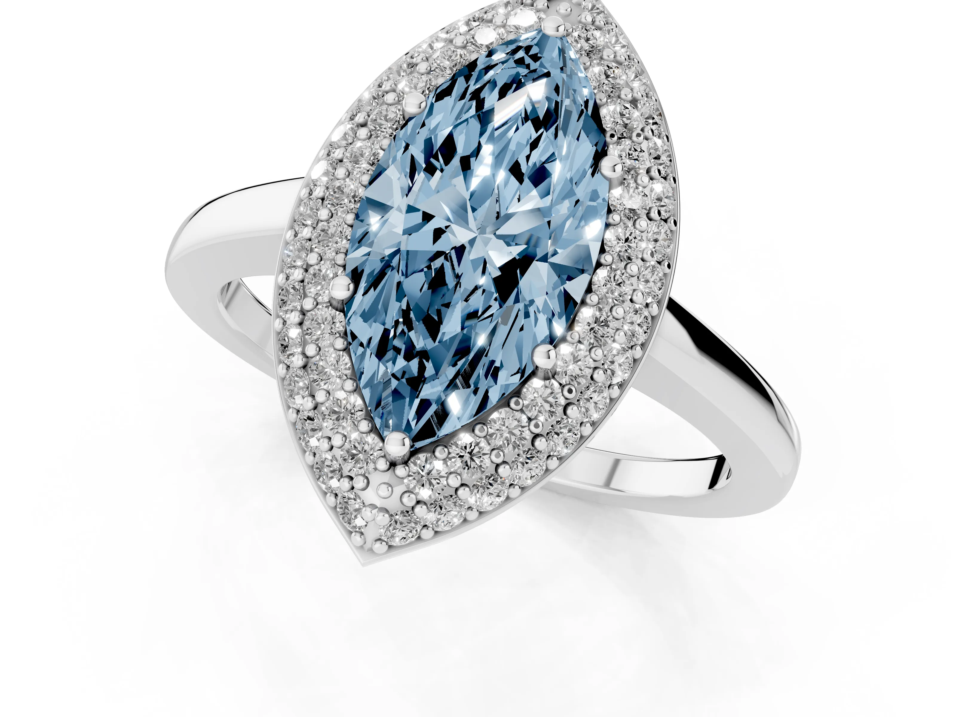 Fancy Blue Marquise Cut Diamond Halo Engagement Ring Set in Platinum with Solitaire Band and Prong Setting