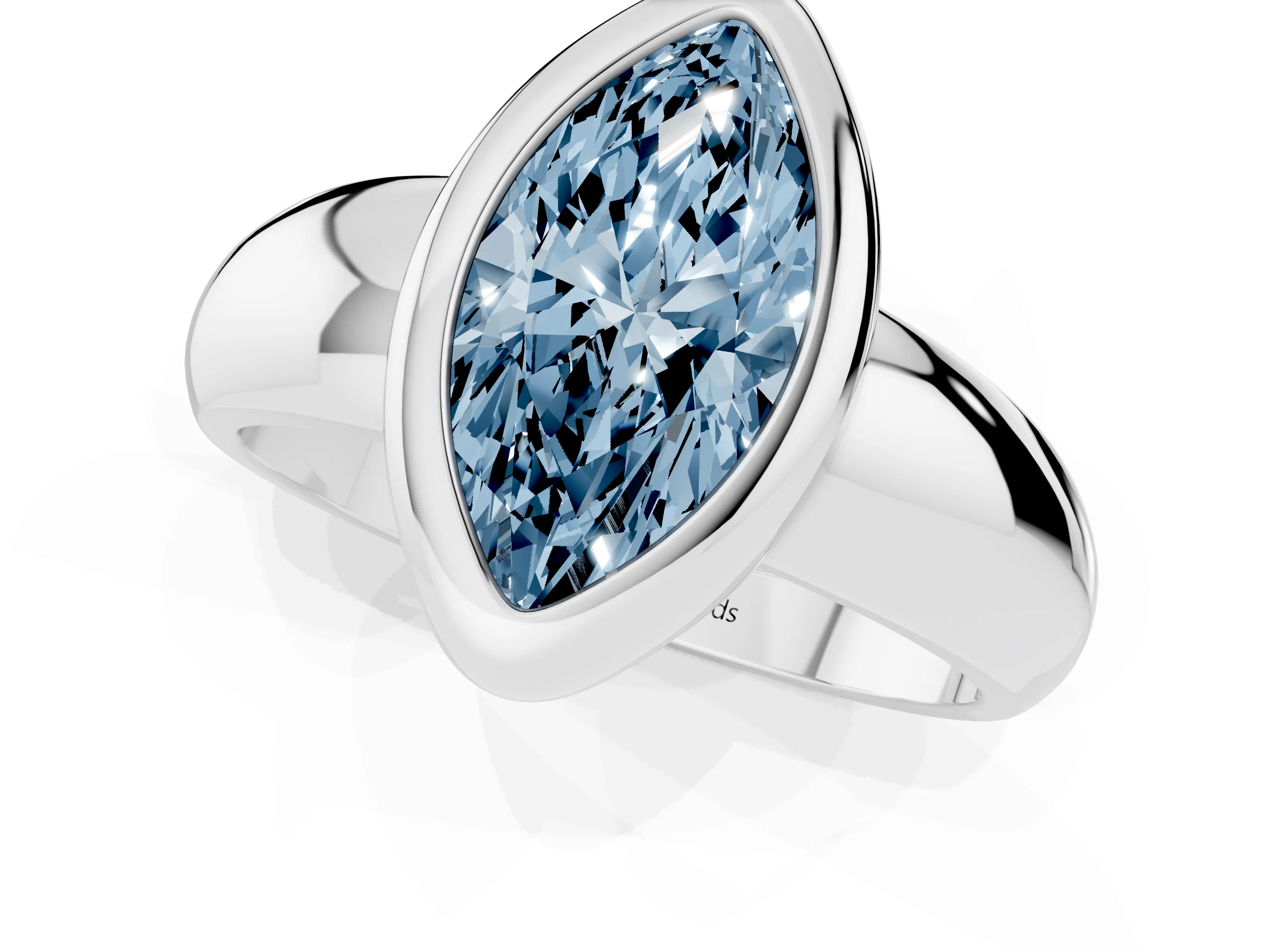 Fancy Blue Bezel Set Marquise Cut Diamond Solitaire Ring Set in Silver with Wide Band