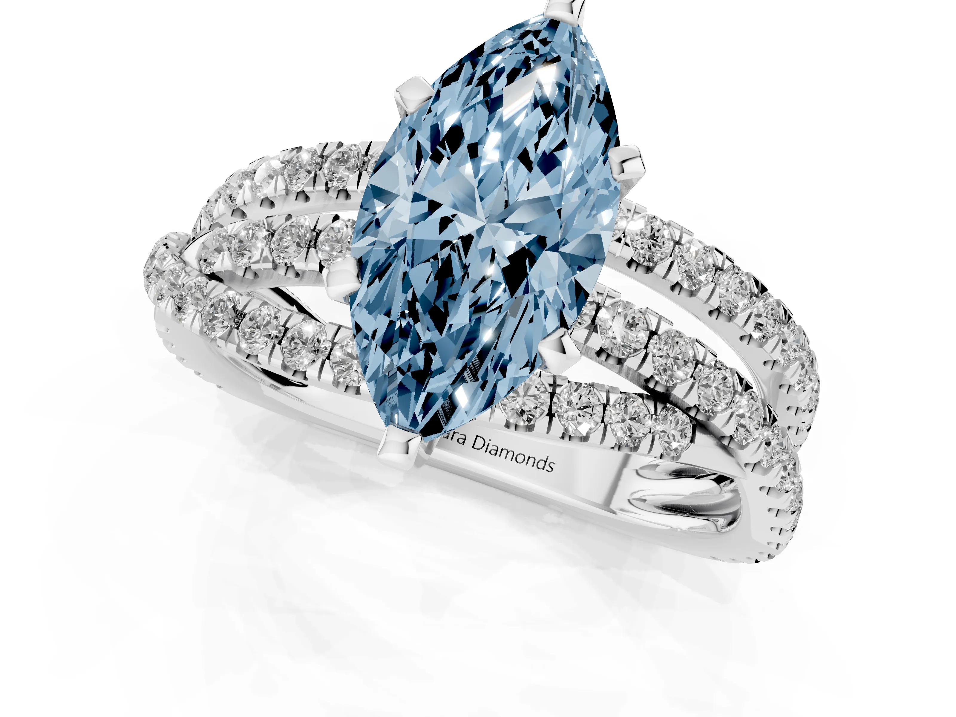Fancy Blue Marquise Cut Diamond Solitaire Twist Band Ring Set in Silver with Pavé Setting and Prong Head