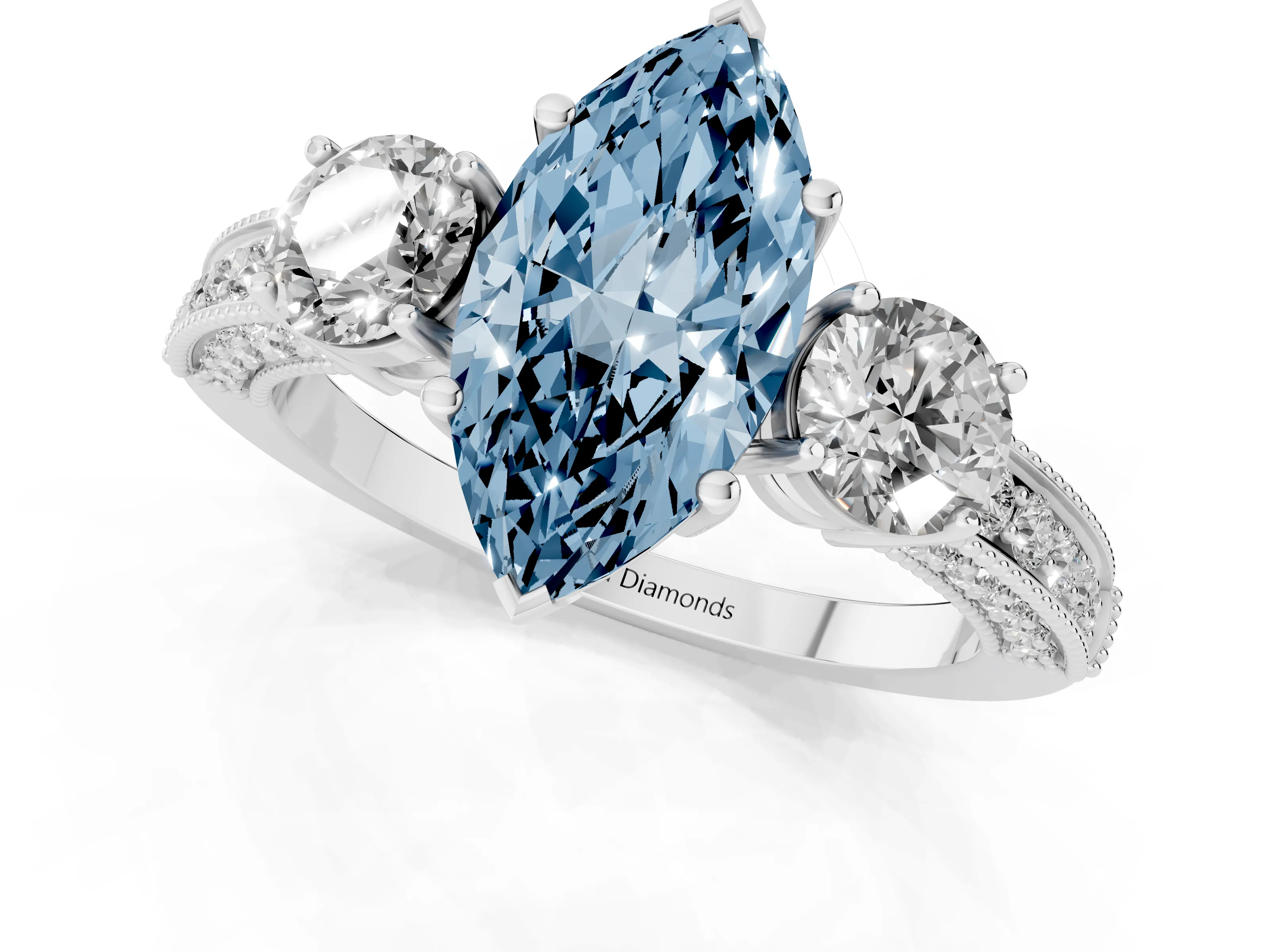 Fancy Blue Marquise Cut Diamond Three-Stone Ring Set in Platinum with Round Side Stones and Pavé Band