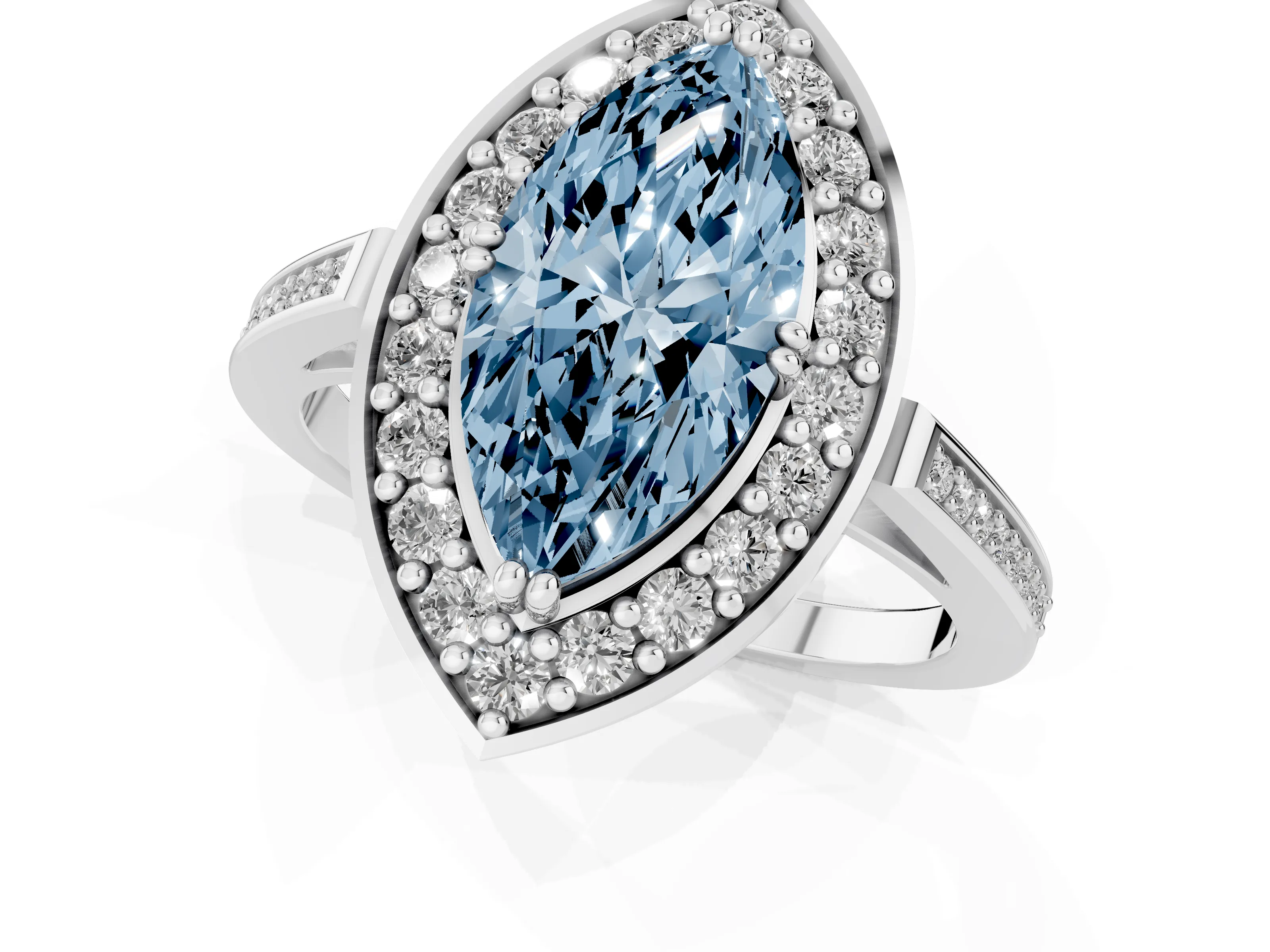 Fancy Blue Marquise Cut Diamond Halo Ring Set in Platinum with Accent-Lined Split Shank and Prong Setting