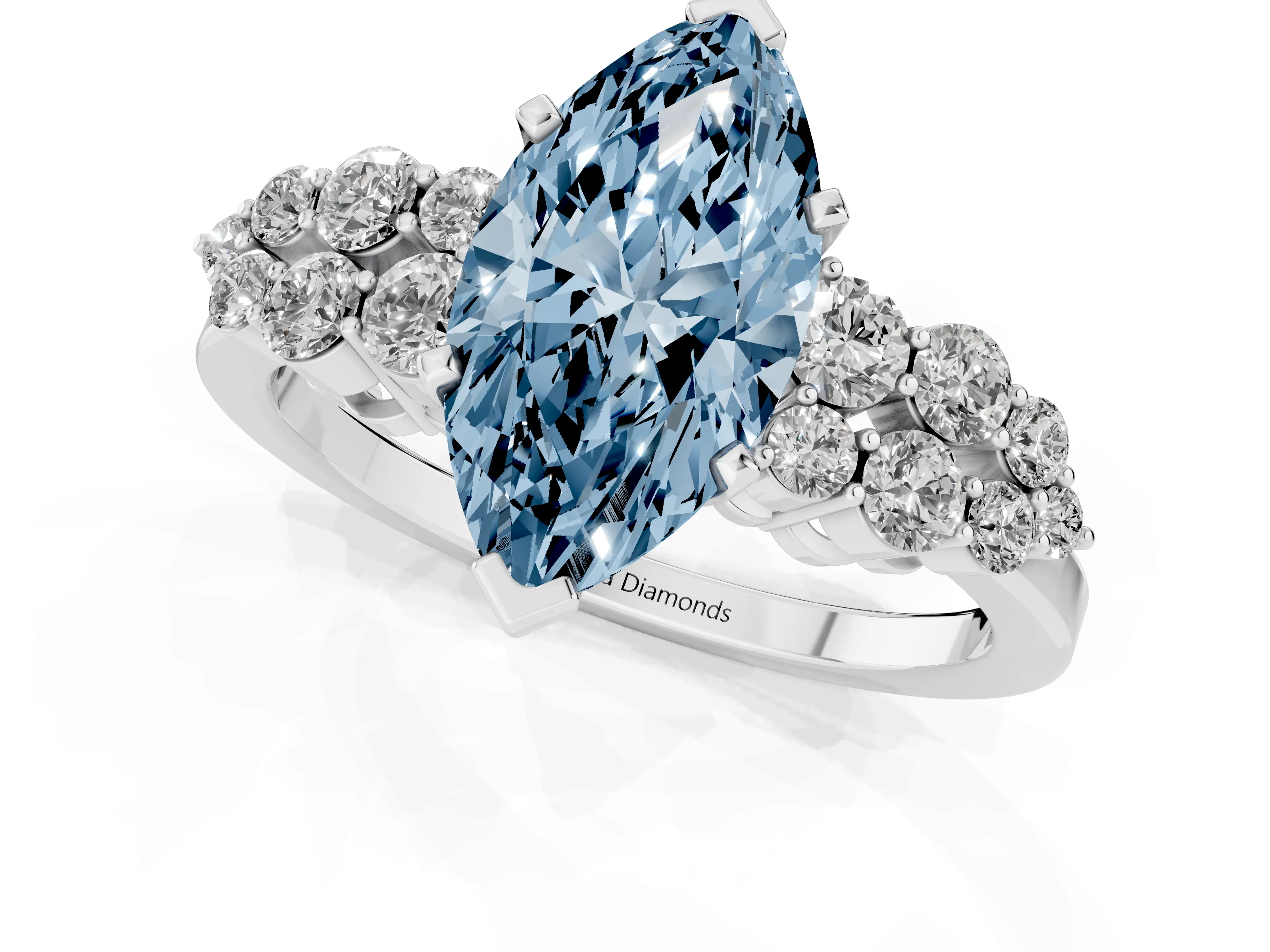 Fancy Blue Marquise Cut Diamond Cluster Engagement Ring Set in Silver with Pavé Band and Prong Setting