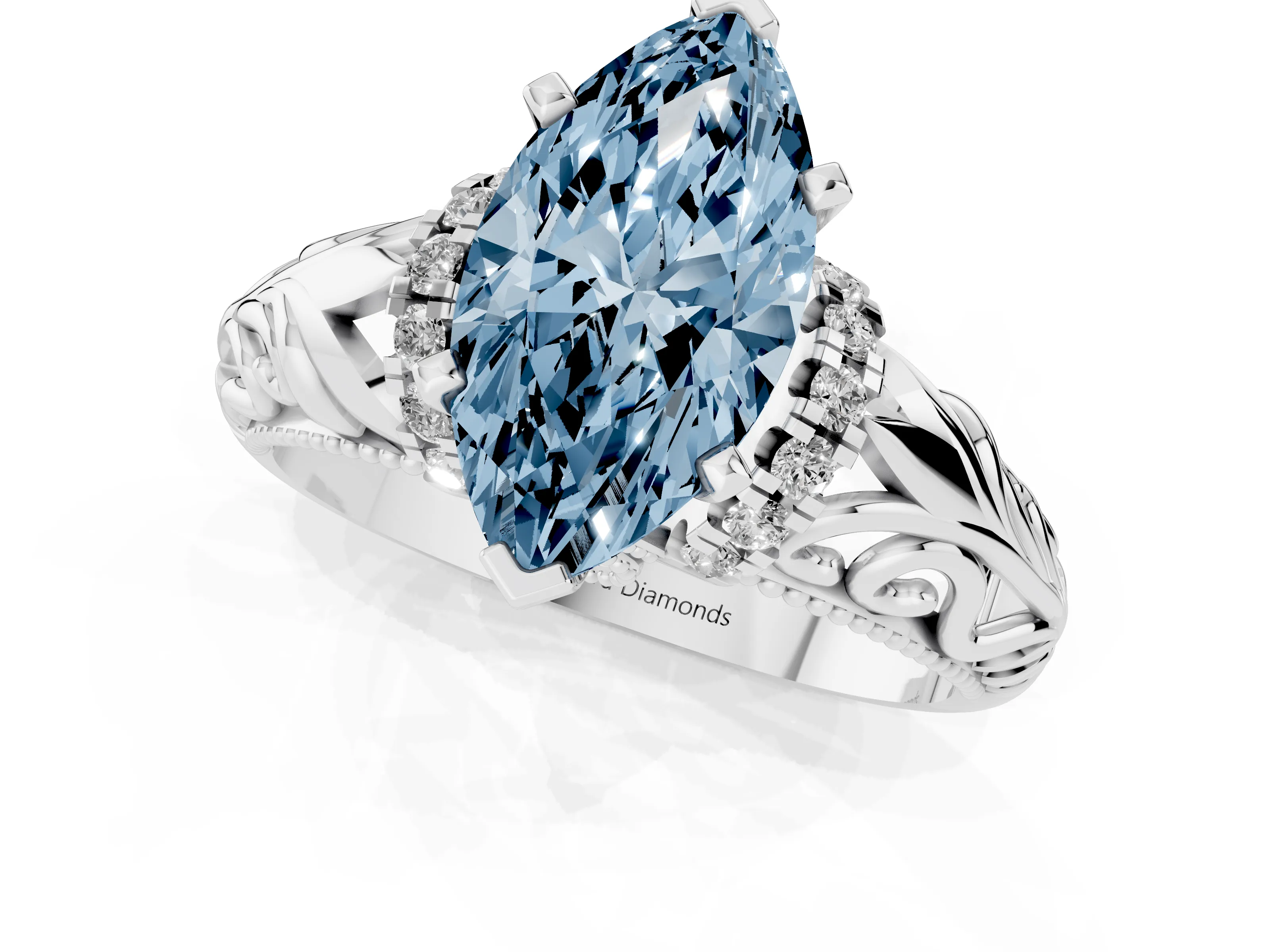 Fancy Blue Marquise Cut Diamond Filigree Halo Engagement Ring Set in White gold with Prong Setting