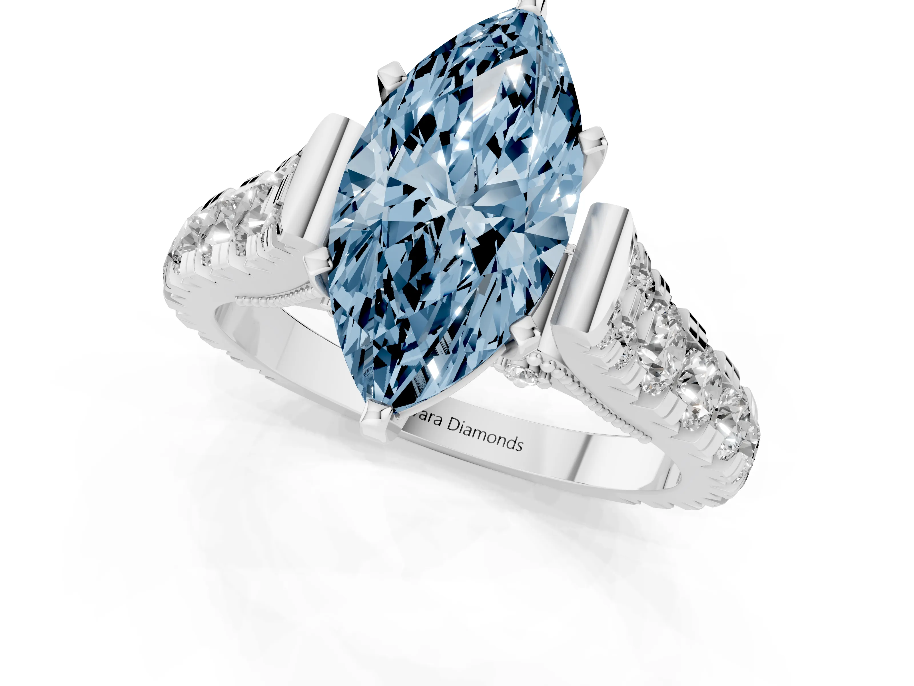 Fancy Blue Marquise Cut Diamond Classic Solitaire Ring Set in White gold with Pavé Band and Prong Setting