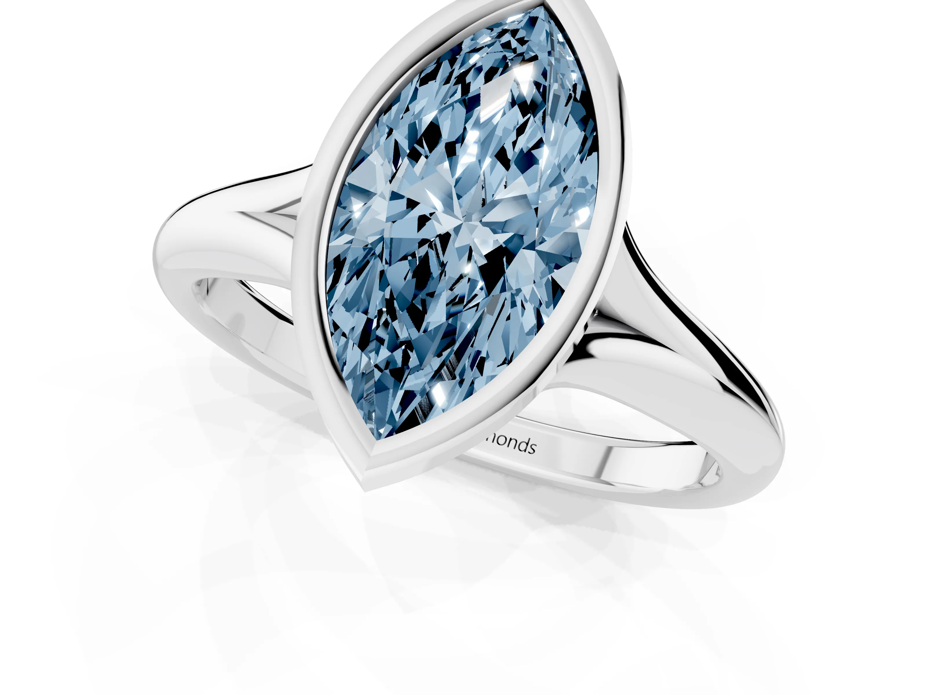 Fancy Blue Bezel Set Marquise Cut Diamond Solitaire Ring Set in Platinum with Smooth Band