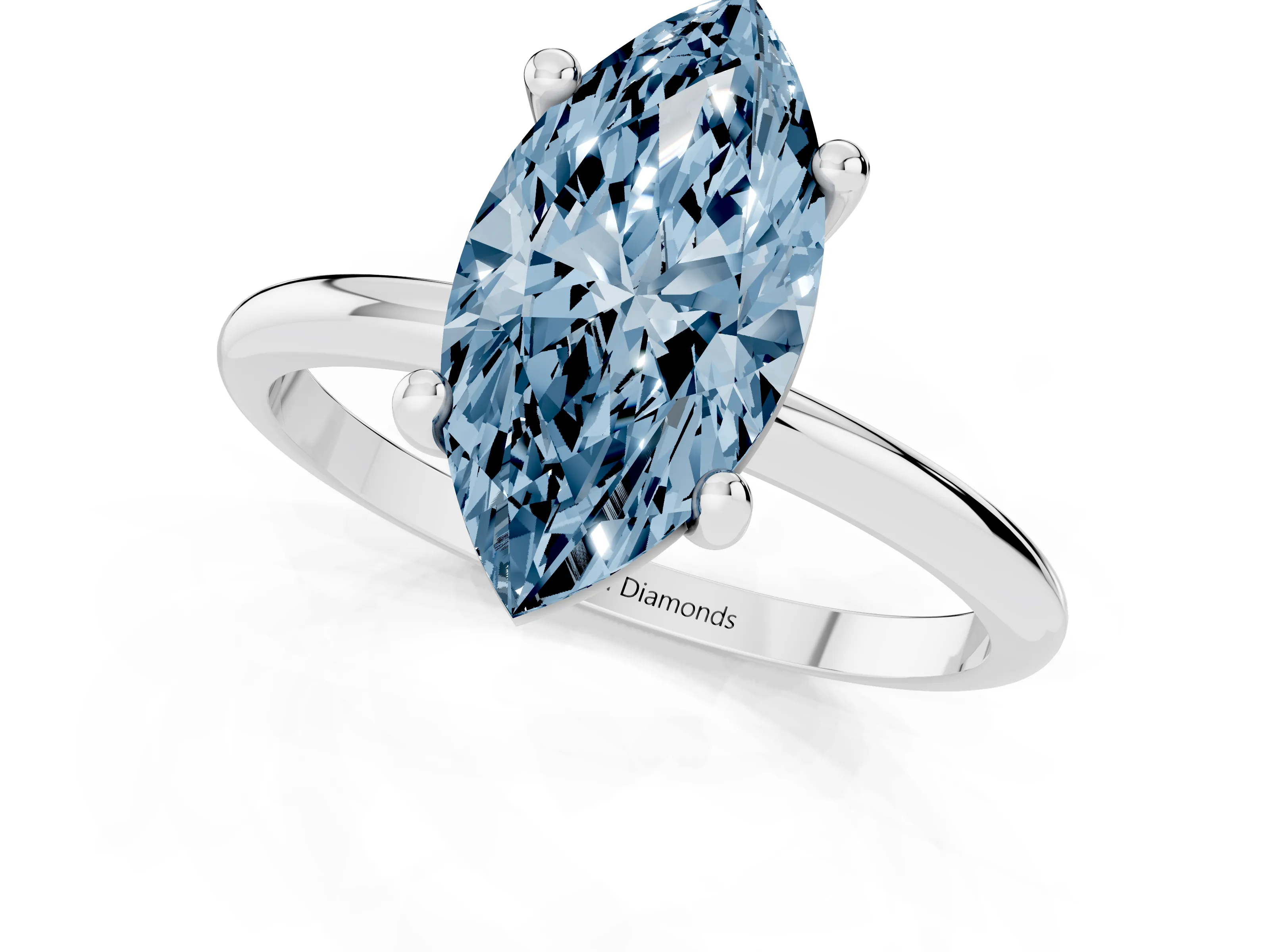 Fancy Blue Marquise Cut Diamond Solitaire Ring Set in Platinum with Secure Prong Setting on a Classic Band