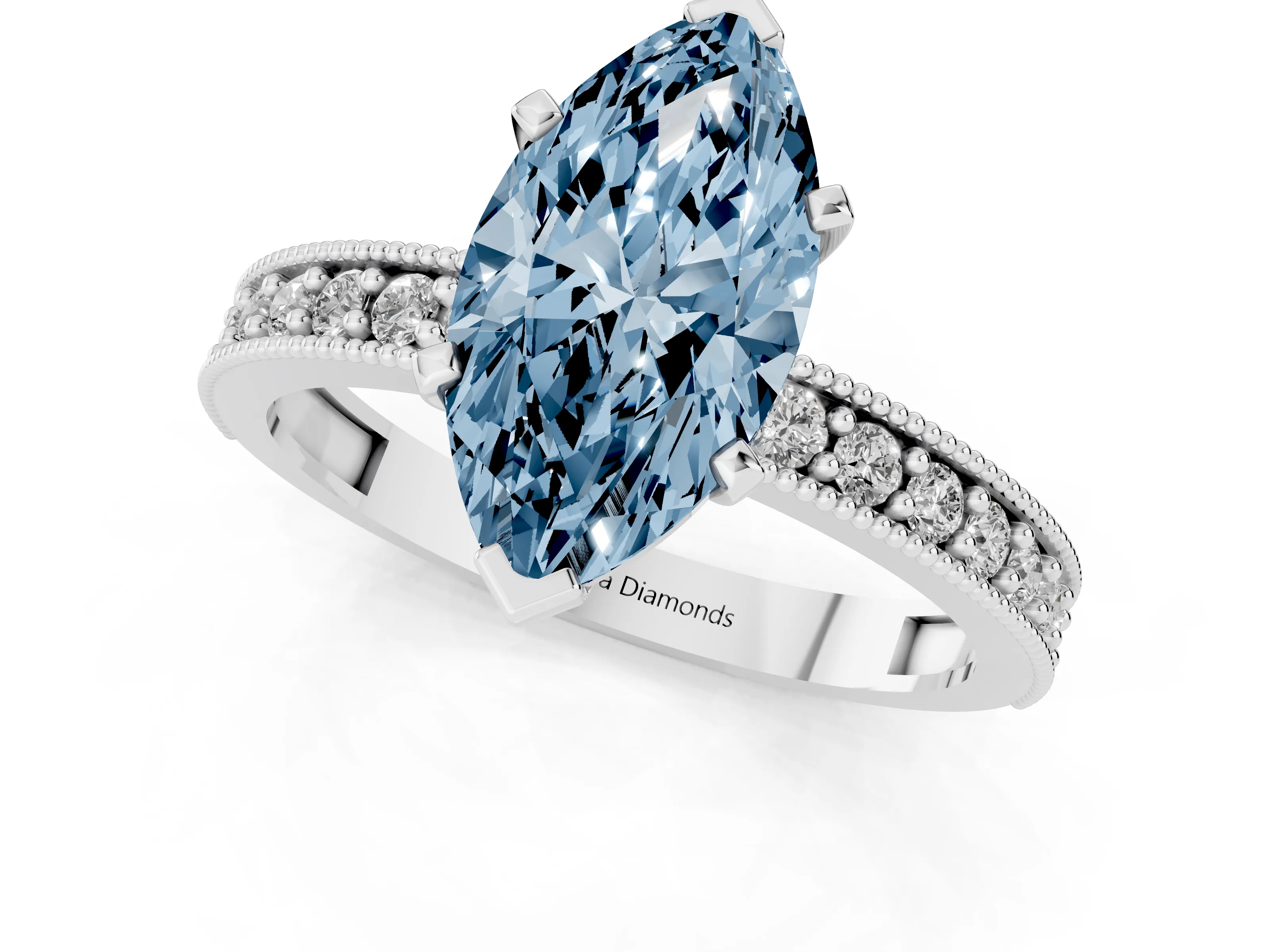 Fancy Blue Marquise Cut Diamond Milgrain Pavé Engagement Ring Set in Platinum with Prong Setting