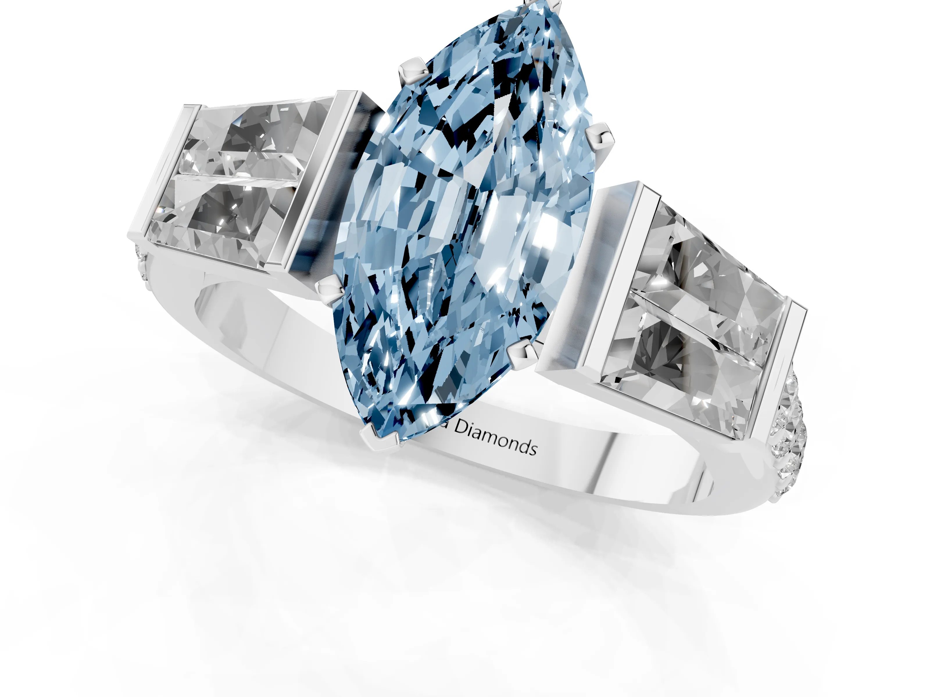 Fancy Blue Marquise Cut Diamond Engagement Ring Set in Silver with Baguette Side Stones and Channel Set Band
