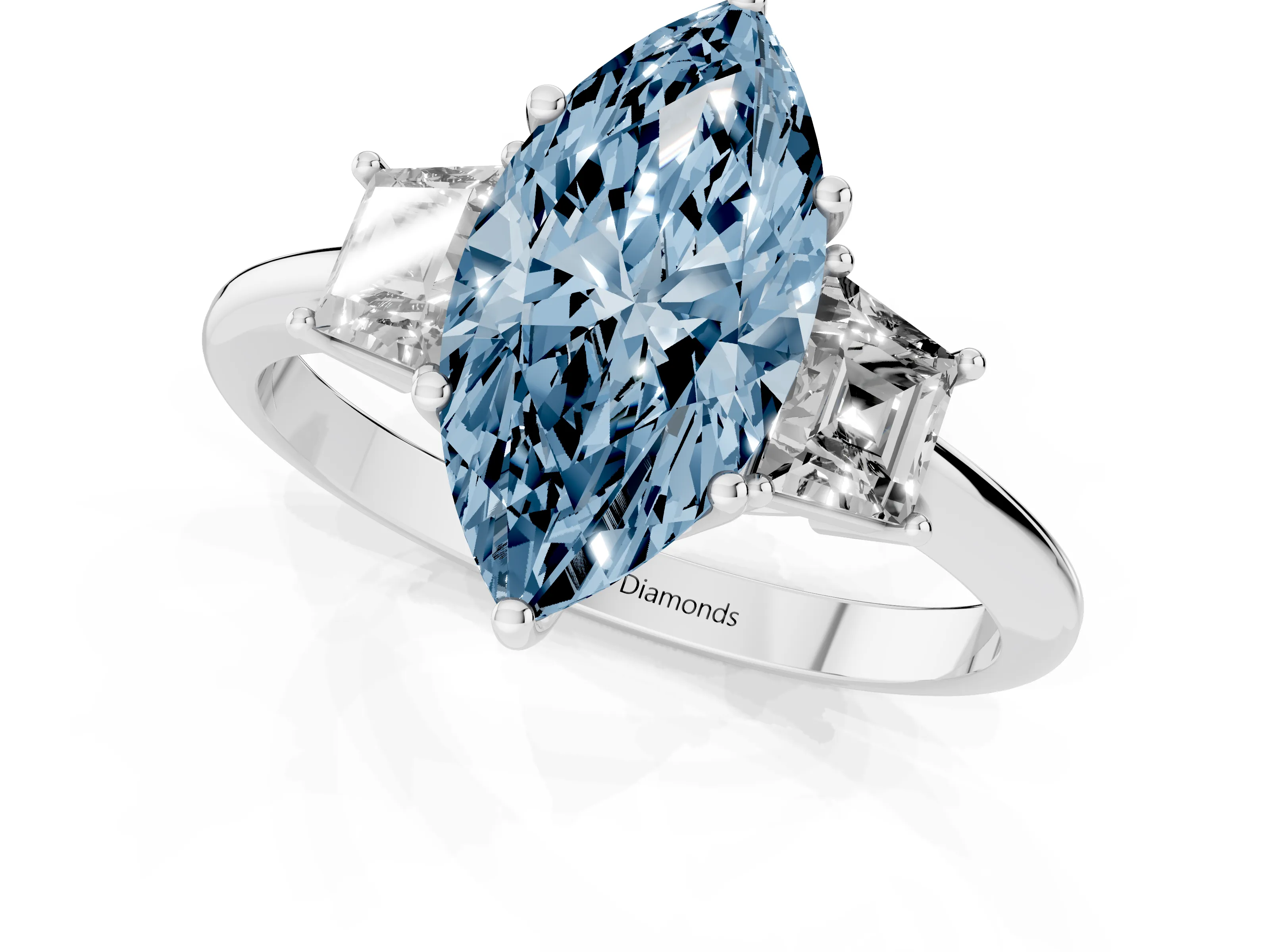 Fancy Blue Marquise Cut Diamond Three-Stone Ring Set in Silver with Trapezoid Side Stones and Prong Setting
