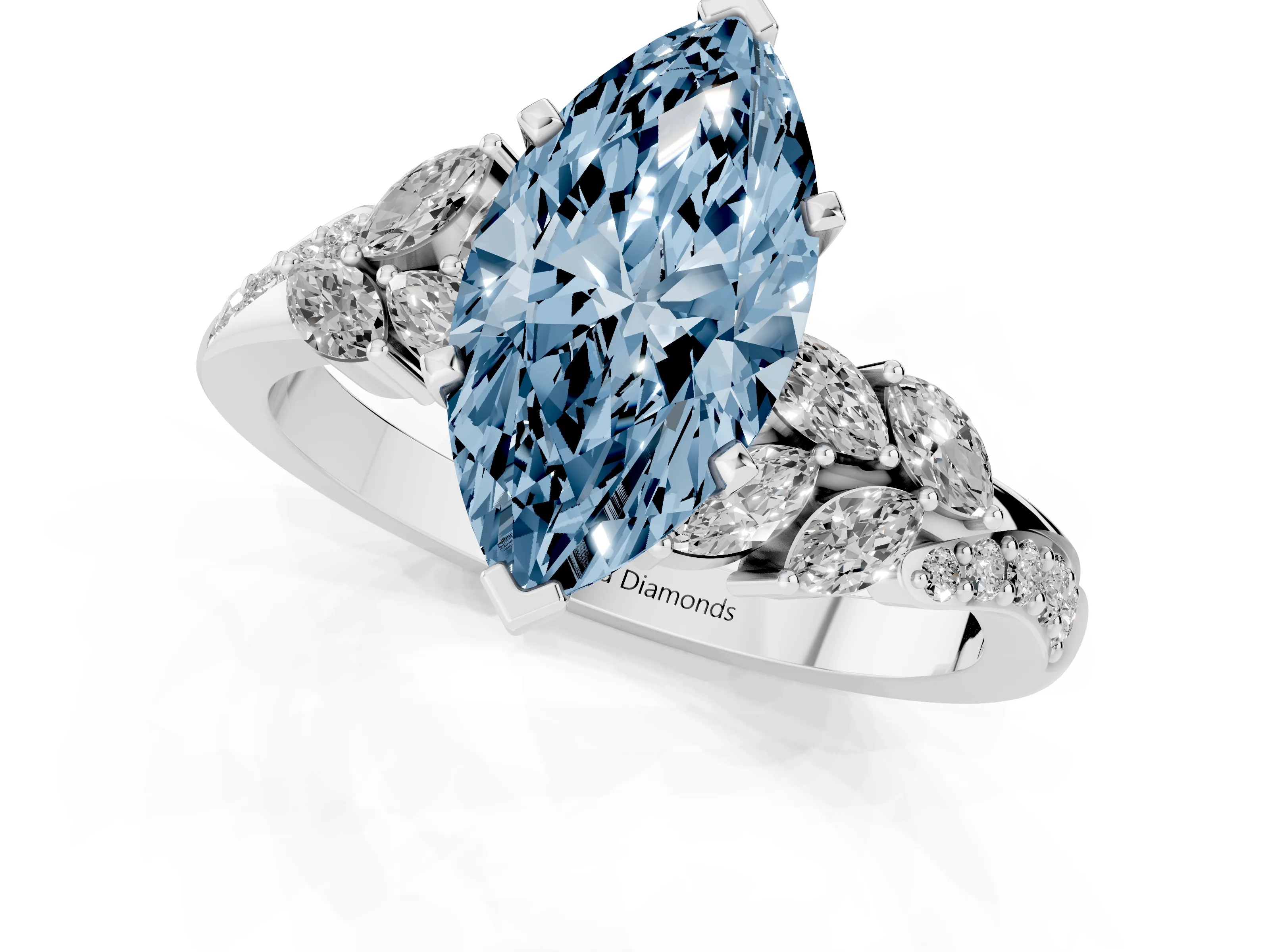 Fancy Blue Marquise Cut Diamond Solitaire Ring Set in White gold with Marquise Twist Band and Prong Setting