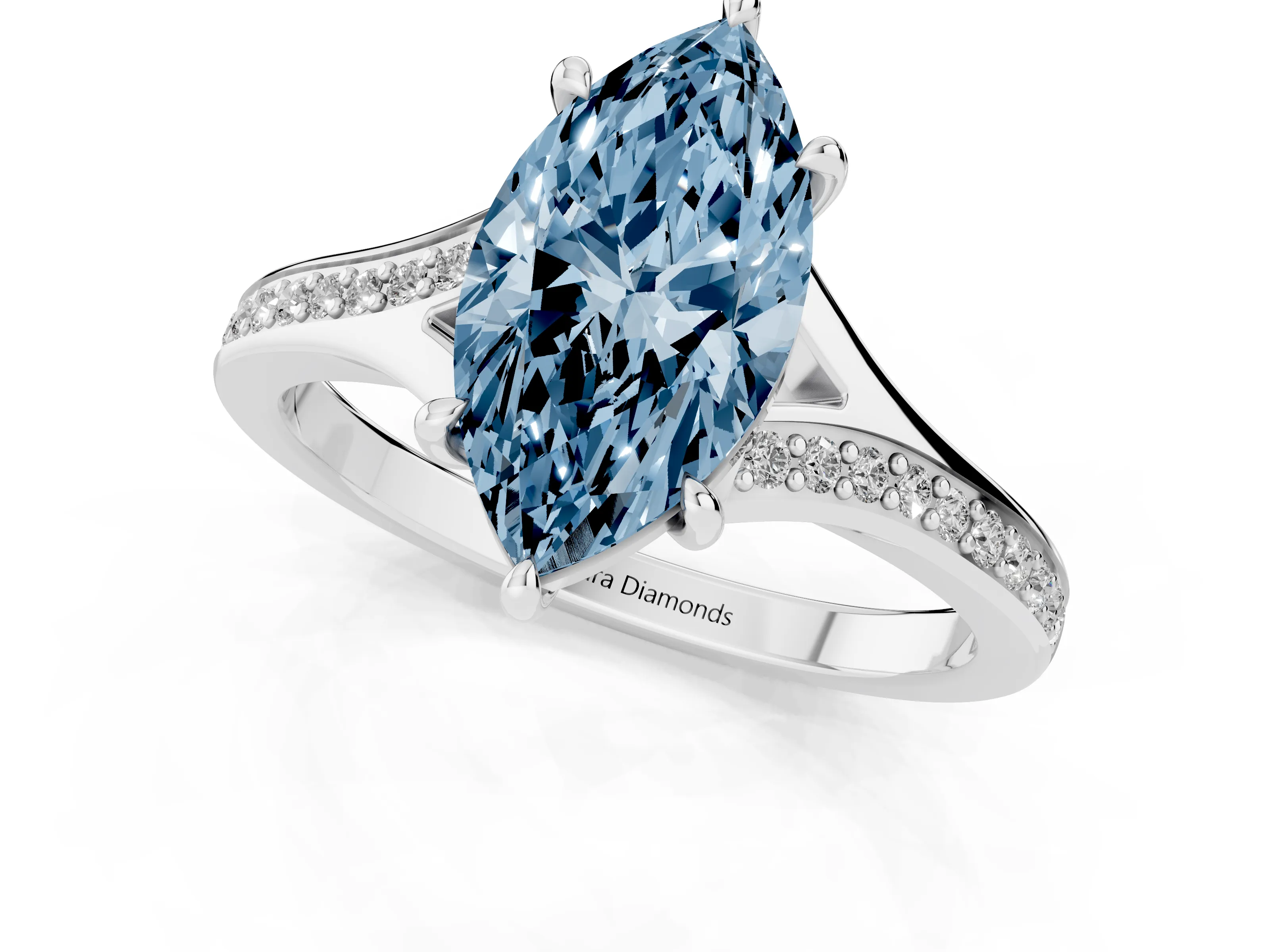 Fancy Blue Marquise Cut Diamond Solitaire Ring Set in Platinum with Pavé Accent Band and Classic Prong Setting