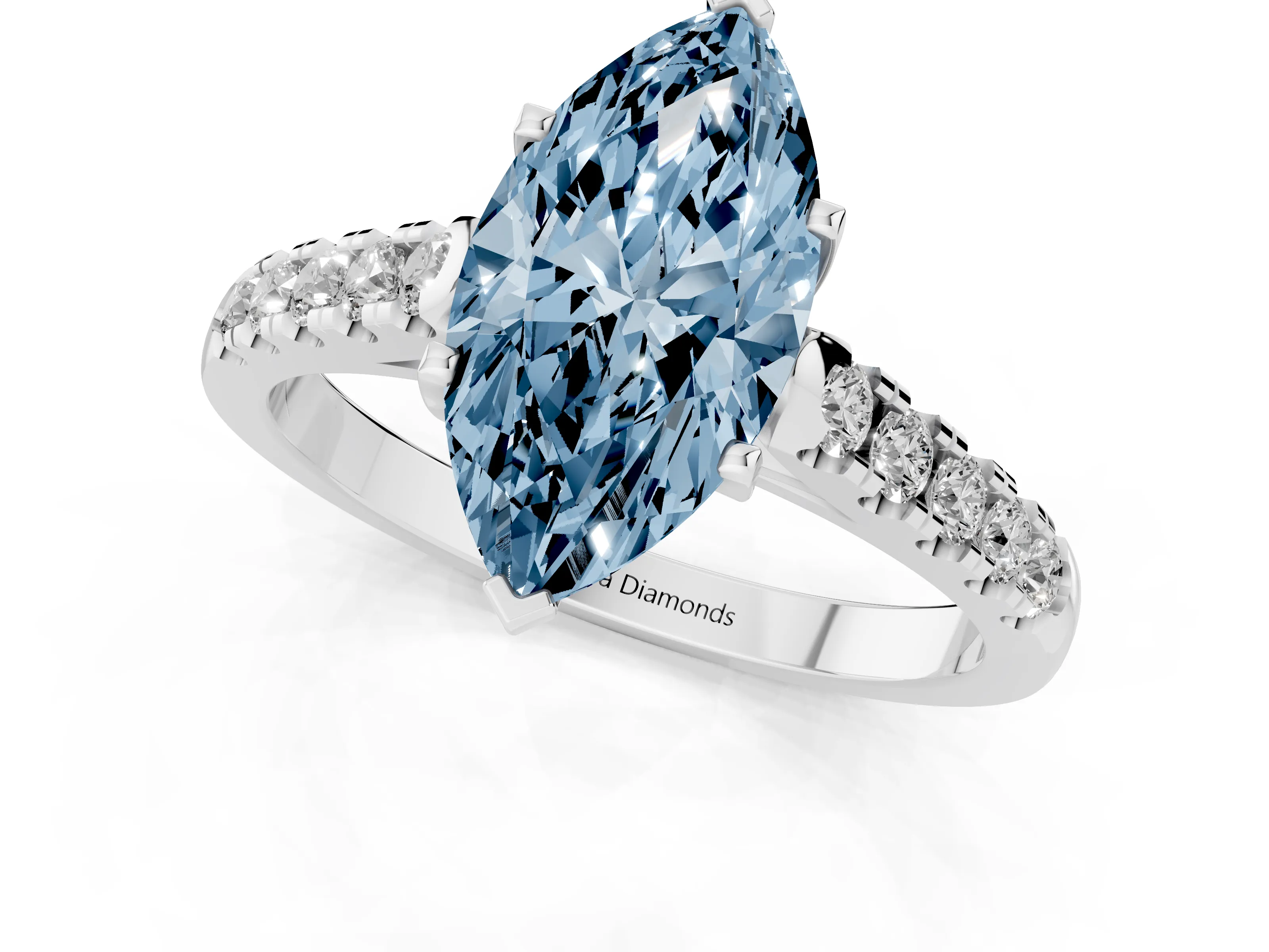 Fancy Blue Marquise Cut Diamond Pavé Band Solitaire Ring Set in White gold with Partway Accent Stones and Prong Setting