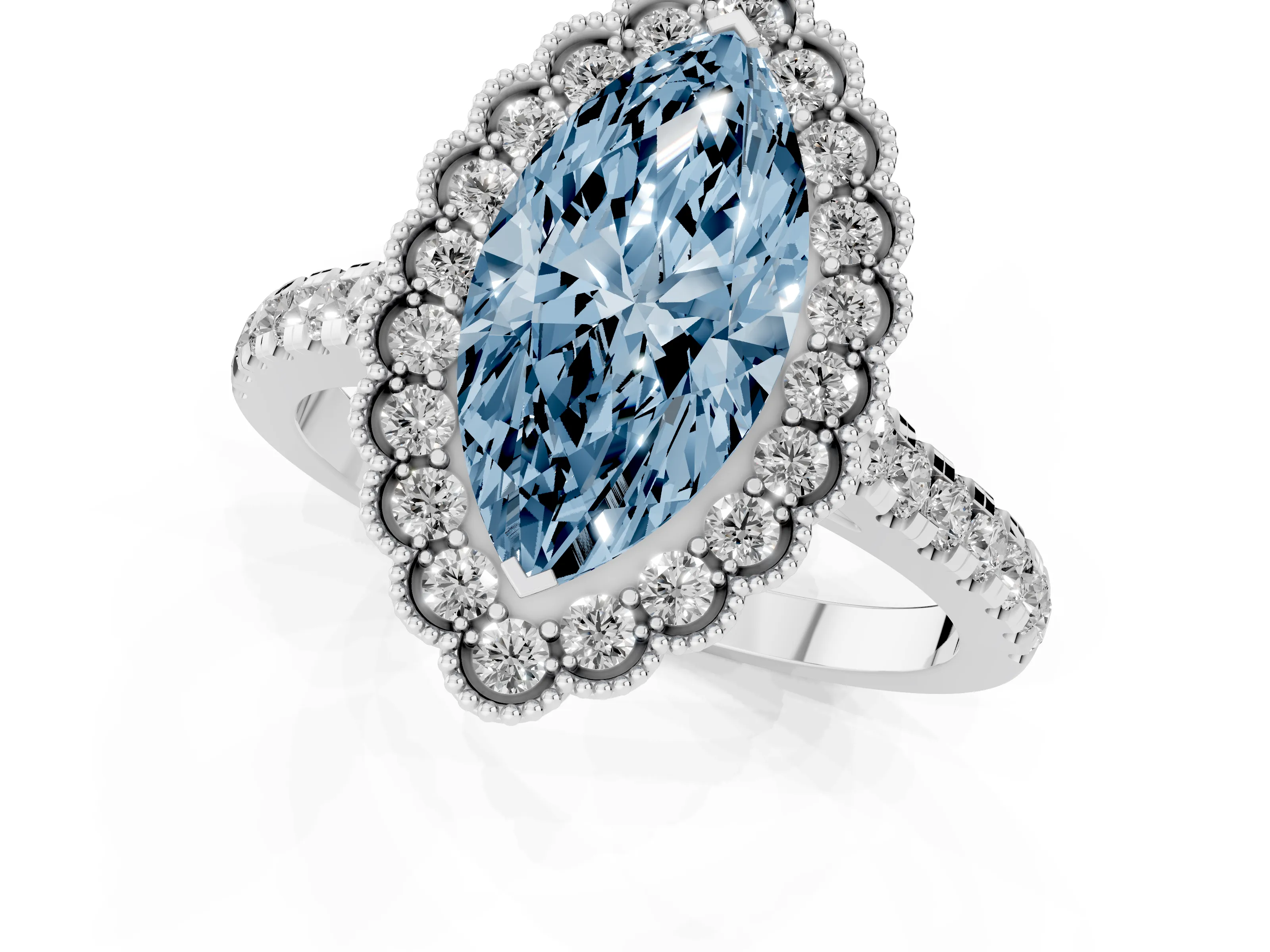 Fancy Blue Marquise Cut Diamond Milgrain Floral Halo Engagement Ring Set in White gold with Pavé Band