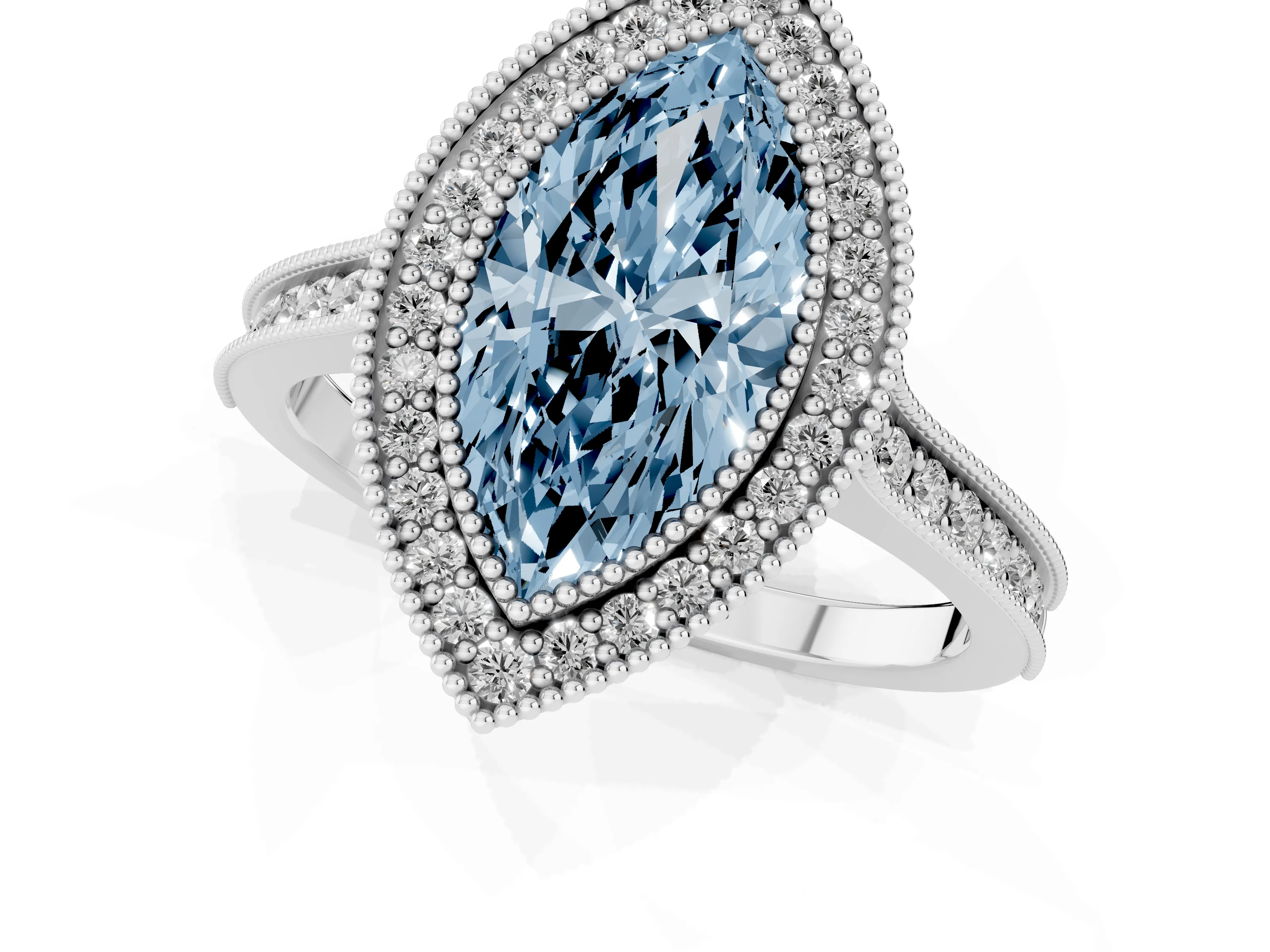 Fancy Blue Marquise Cut Diamond Halo Milgrain Pavé Band Ring Set in White gold with Prong Setting