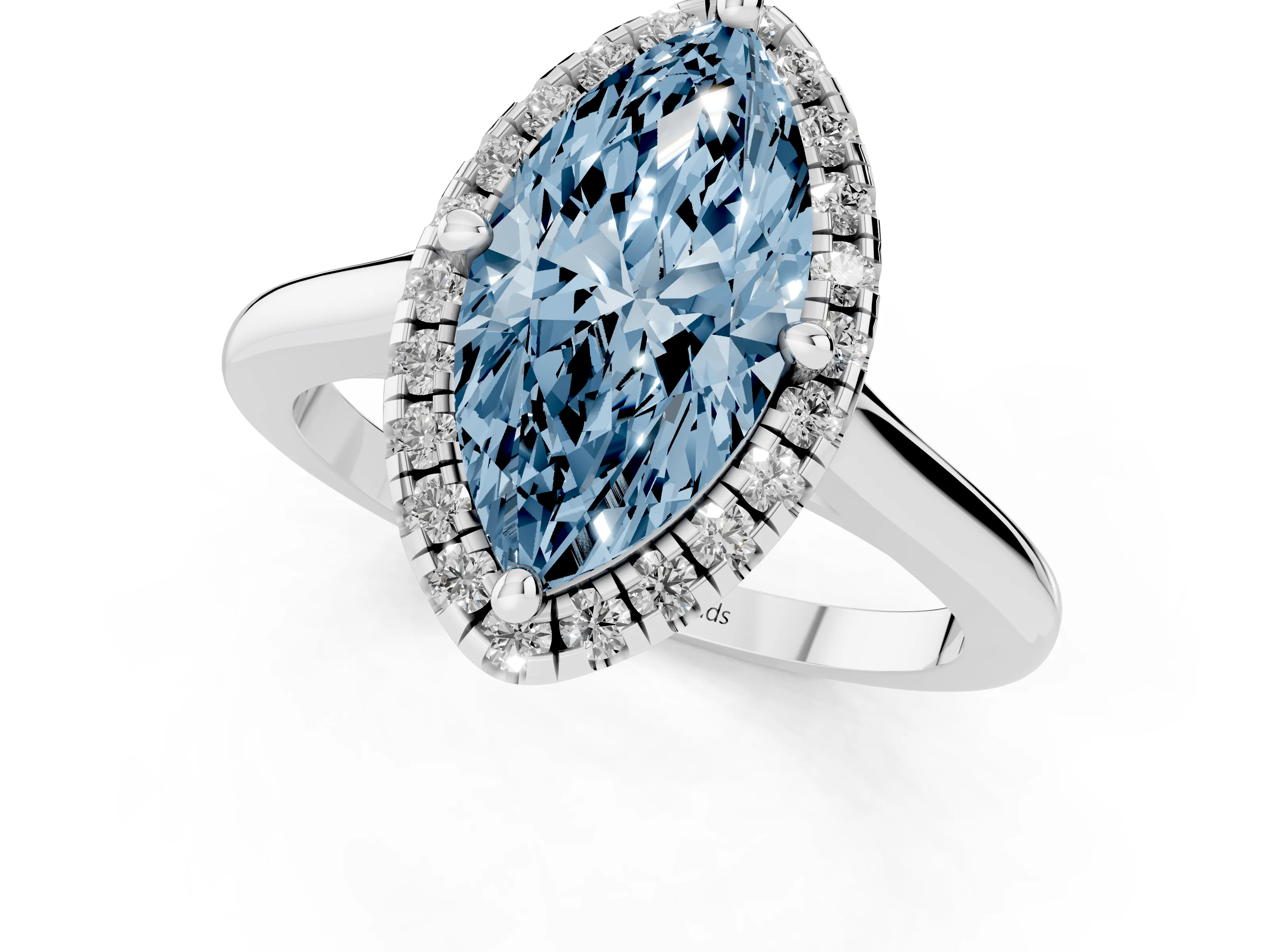 Fancy Blue Marquise Cut Diamond Halo Engagement Ring Set in Silver with Pavé Band and Rising Shoulders