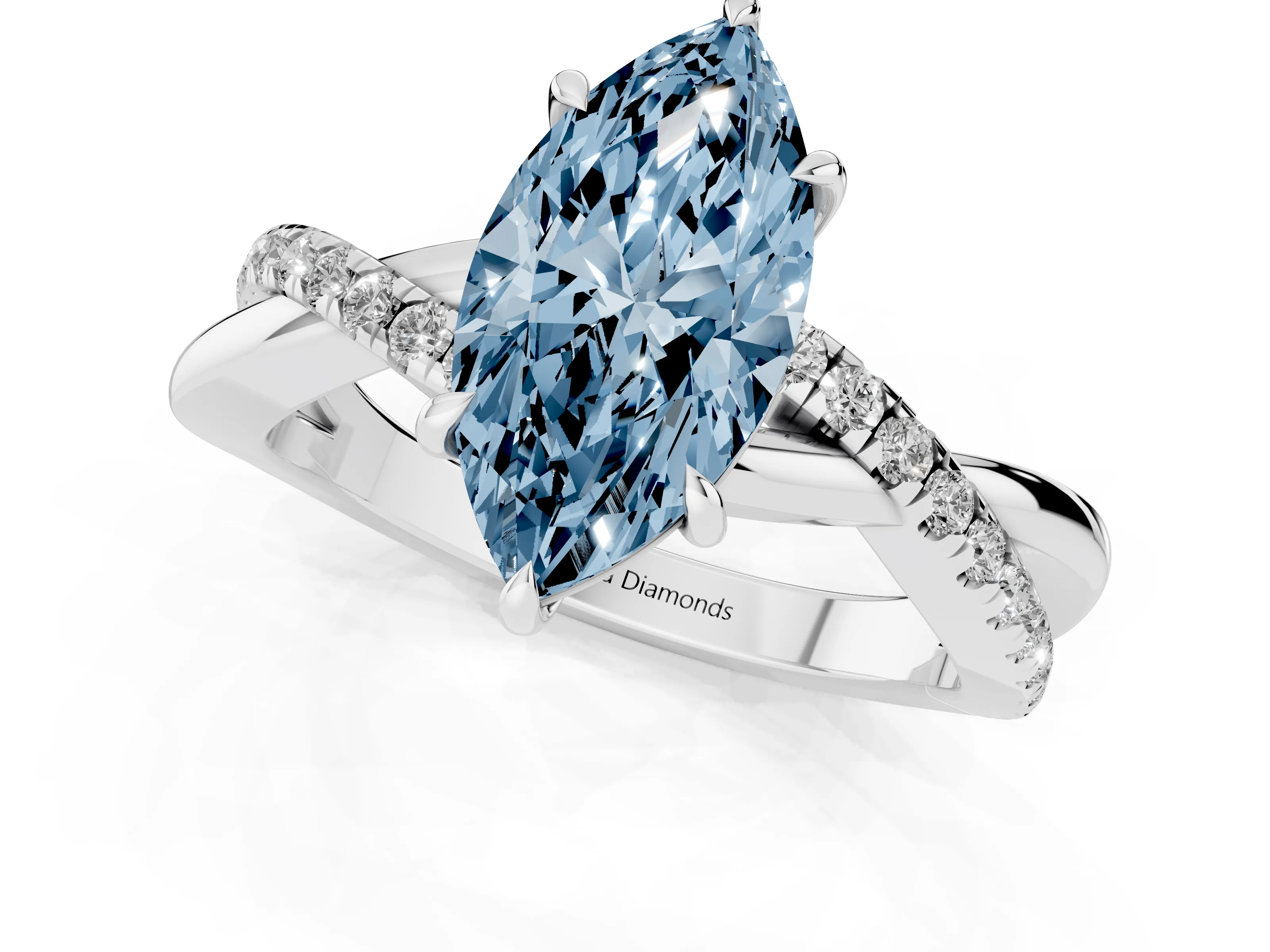 Fancy Blue Marquise Cut Diamond Twisted Pavé Band Ring Set in Platinum with Prong Setting