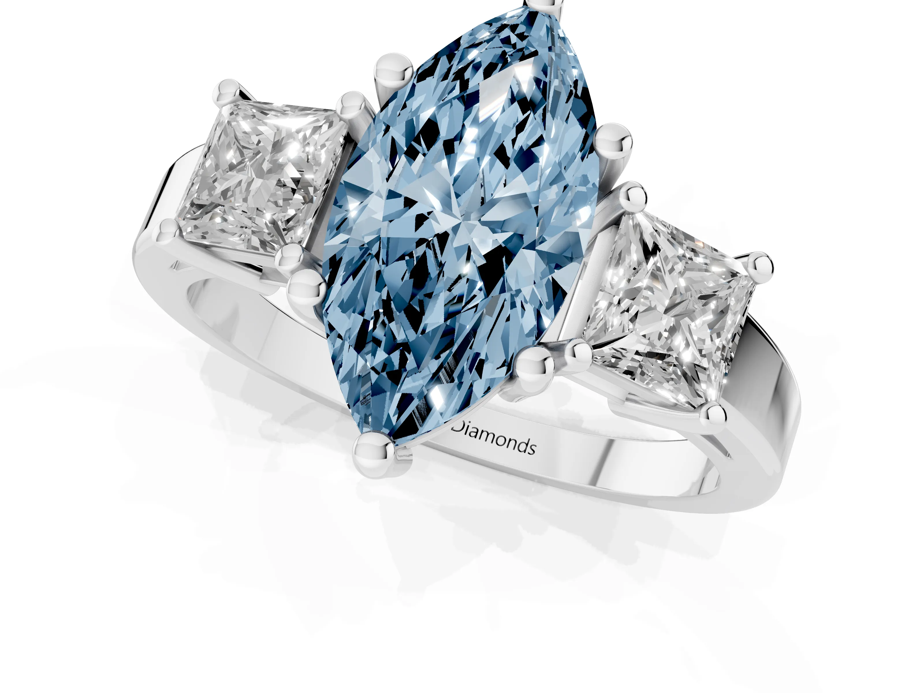Fancy Blue Three-Stone Marquise Cut Diamond Solitaire Ring Set in White gold with Prong Setting