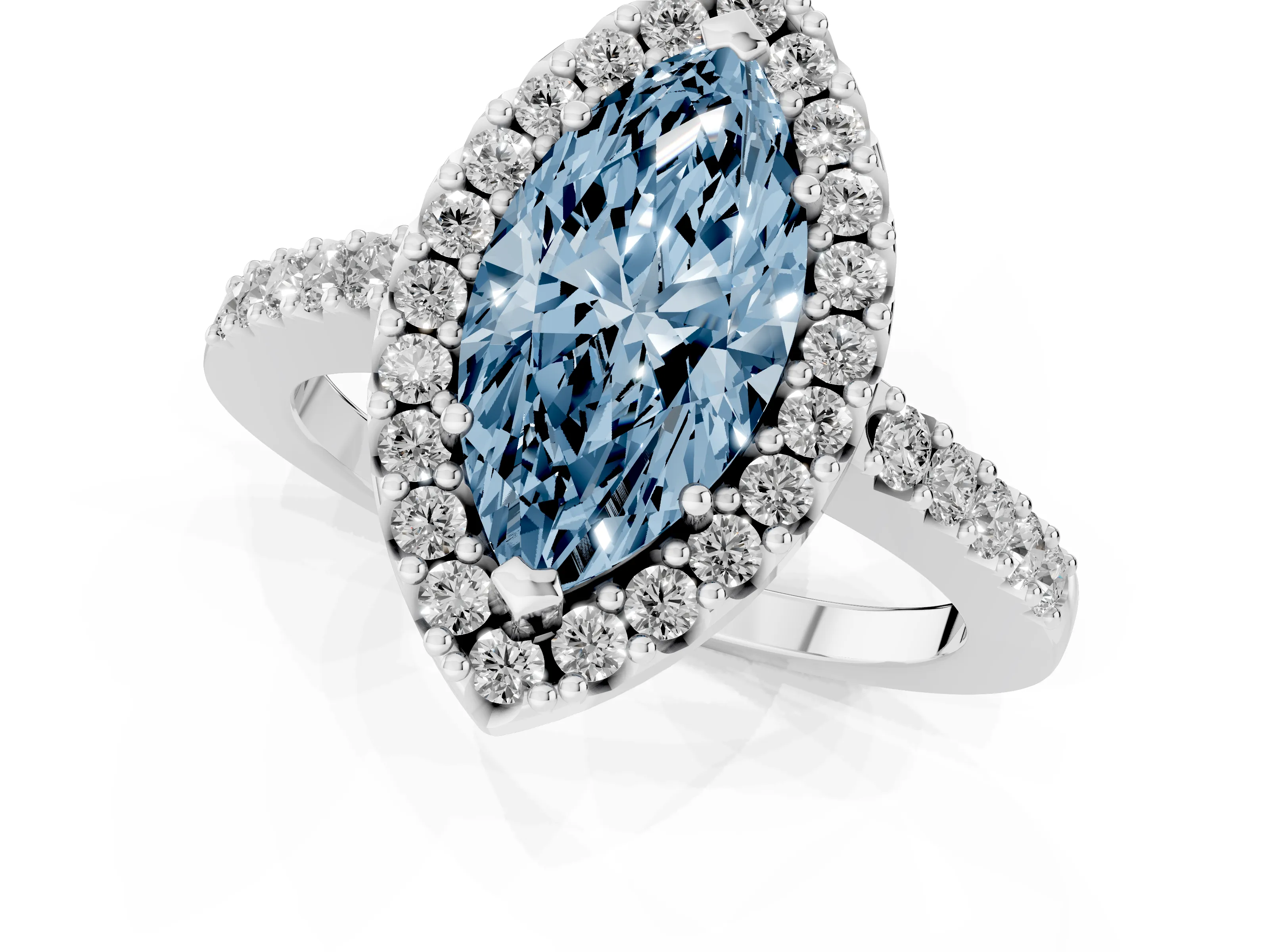 Fancy Blue Marquise Cut Diamond Halo Pavé Solitaire Ring Set in Platinum with Prong-Set Center Stone