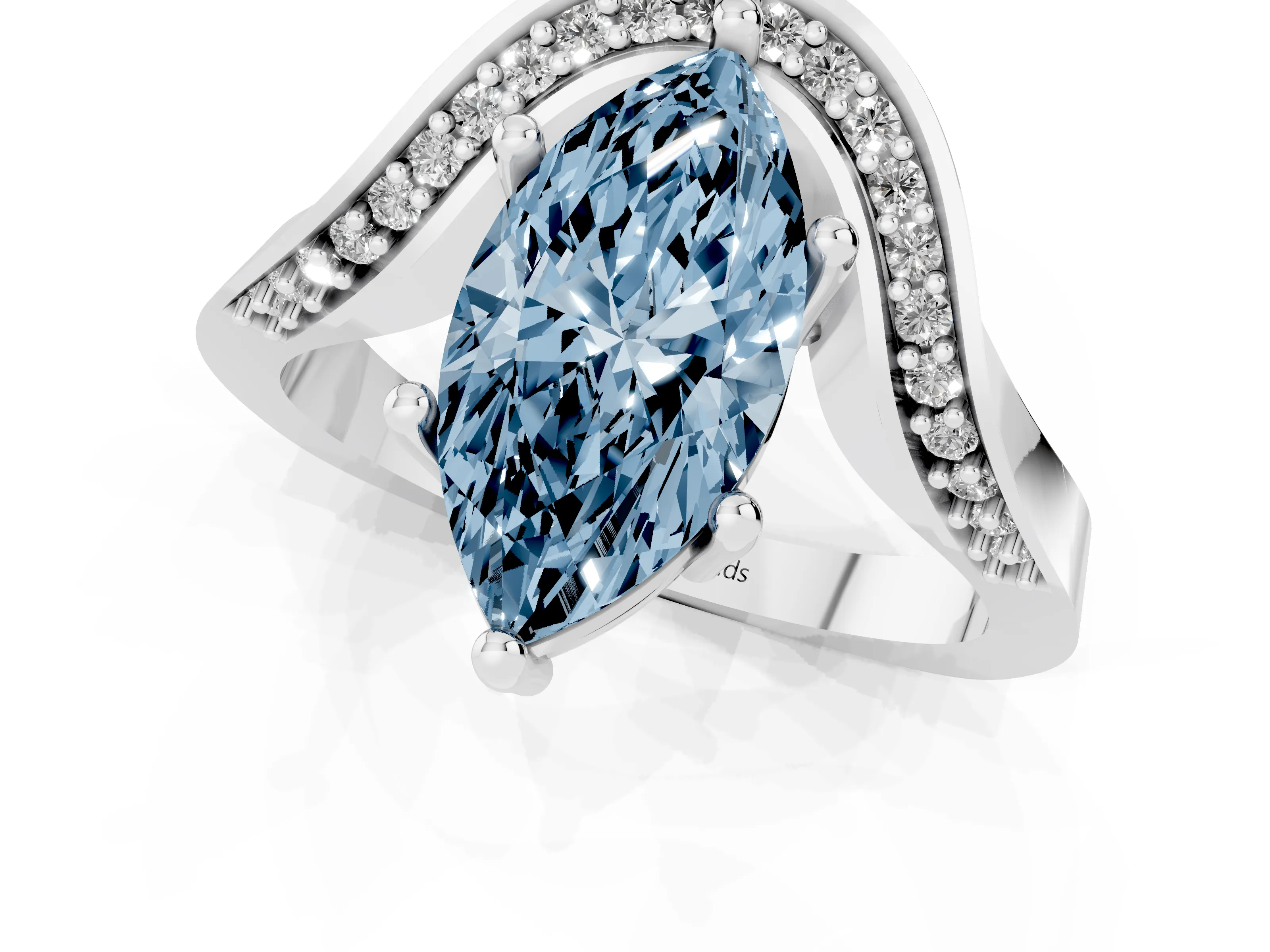 Fancy Blue Marquise Cut Diamond Solitaire Engagement Ring Set in Silver with Pavé Shoulders