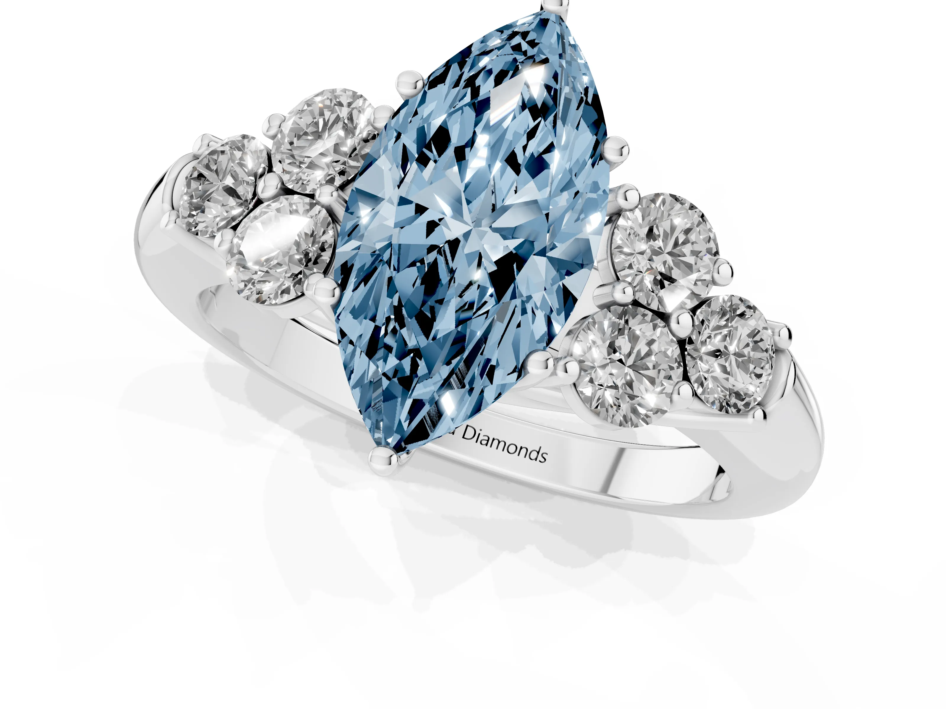 Fancy Blue Marquise Cut Diamond Cluster Ring Set in Platinum with Round Accent Stones and Prong Setting on a Plain Band