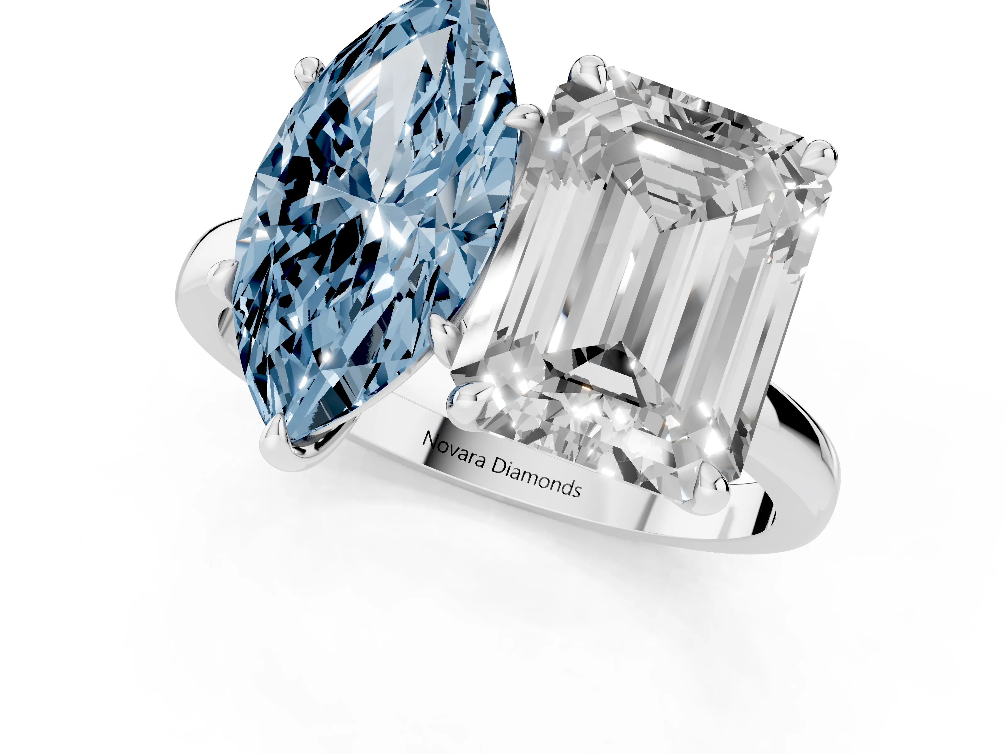 Fancy Blue Marquise Cut and Emerald Cut Toi Moi Ring Set in White gold with Prong Setting