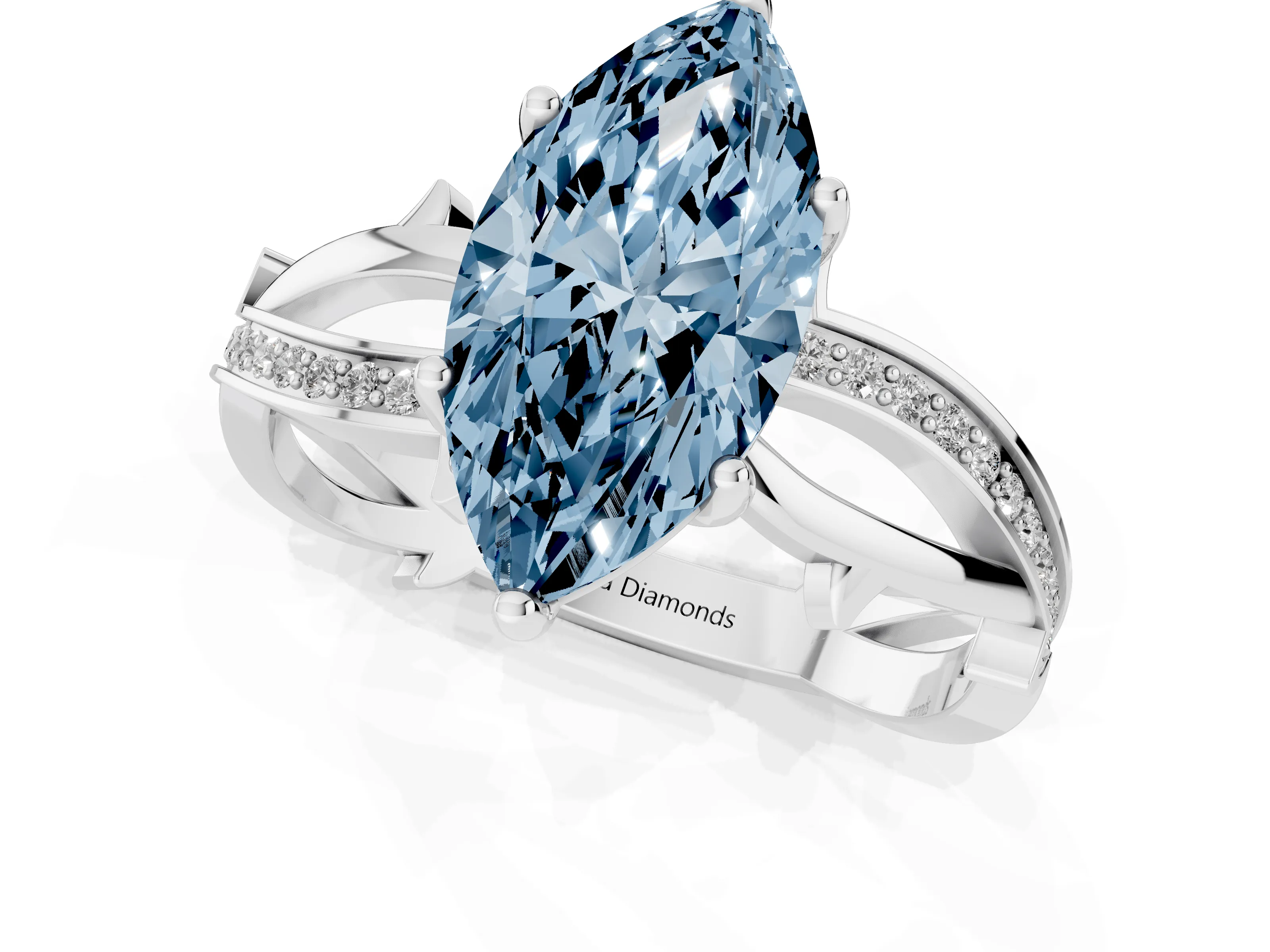 Fancy Blue Marquise Cut Diamond Pavé Twist Band Solitaire Ring Set in Silver with Prong Setting
