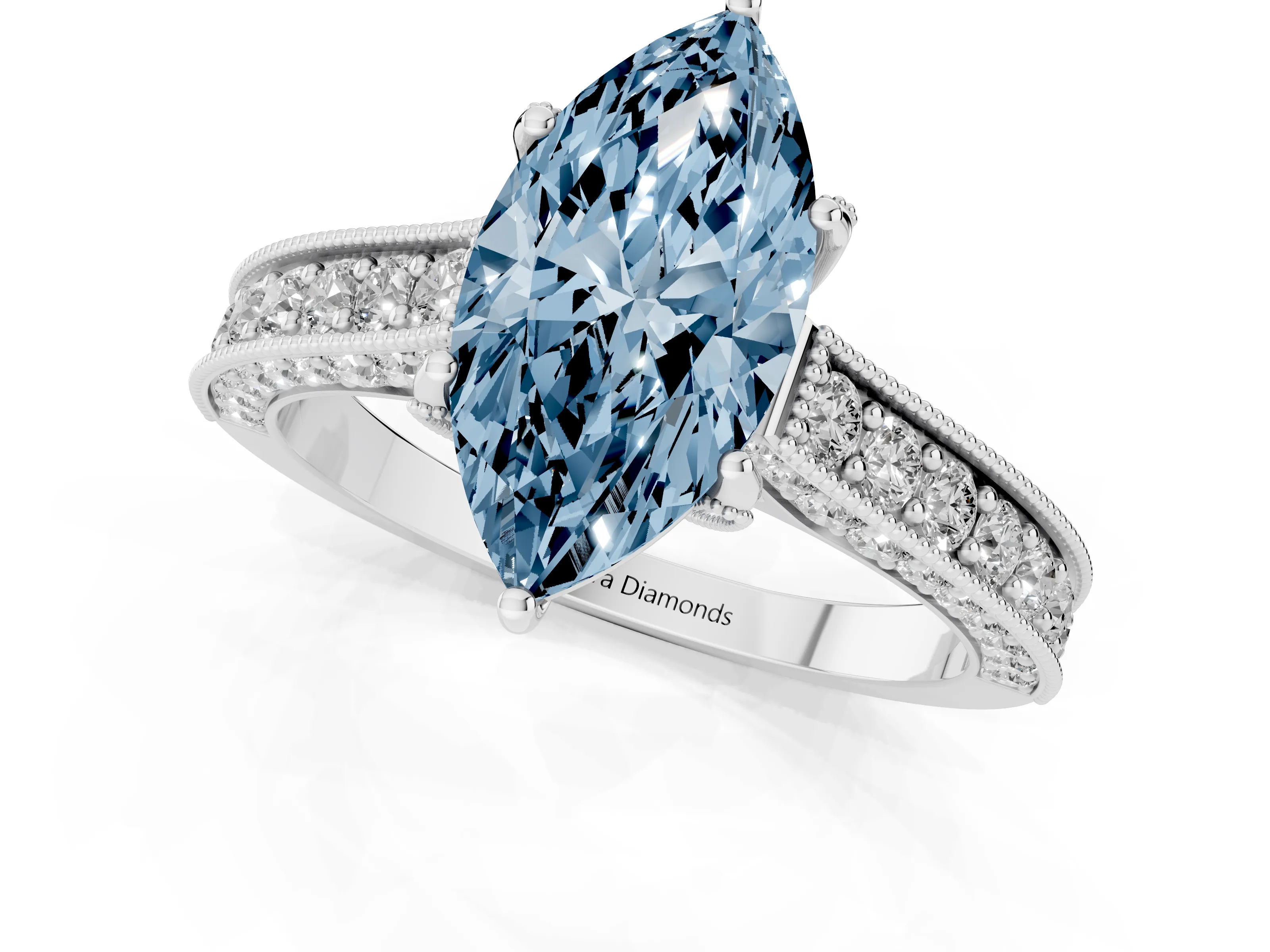 Fancy Blue Marquise Cut Diamond Solitaire Ring Set in Silver with Milgrain-Edged Pavé Band and Prong Setting