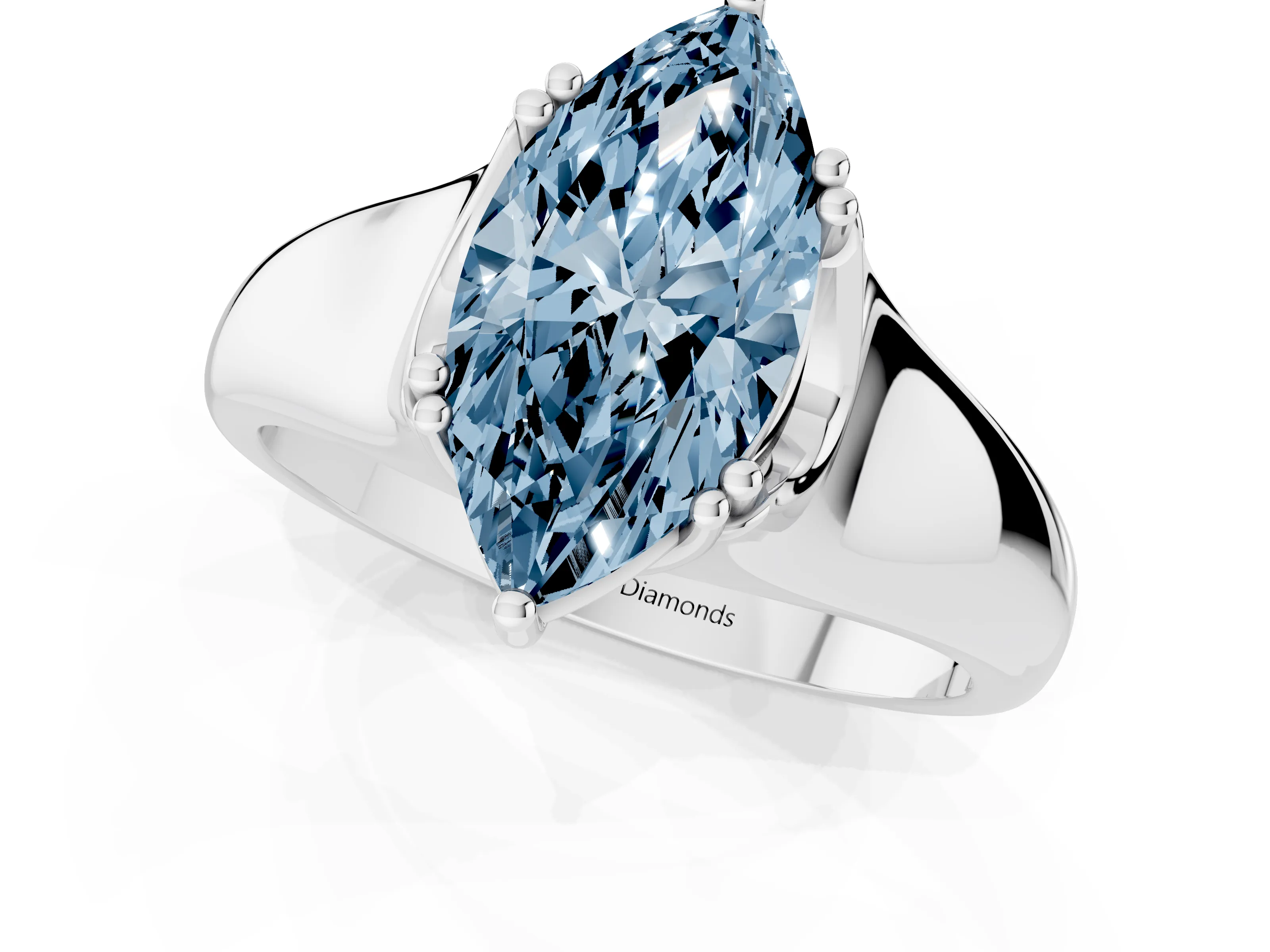 Fancy Blue Marquise Cut Diamond Solitaire Ring Set in Silver with Wide Band and Prong Setting